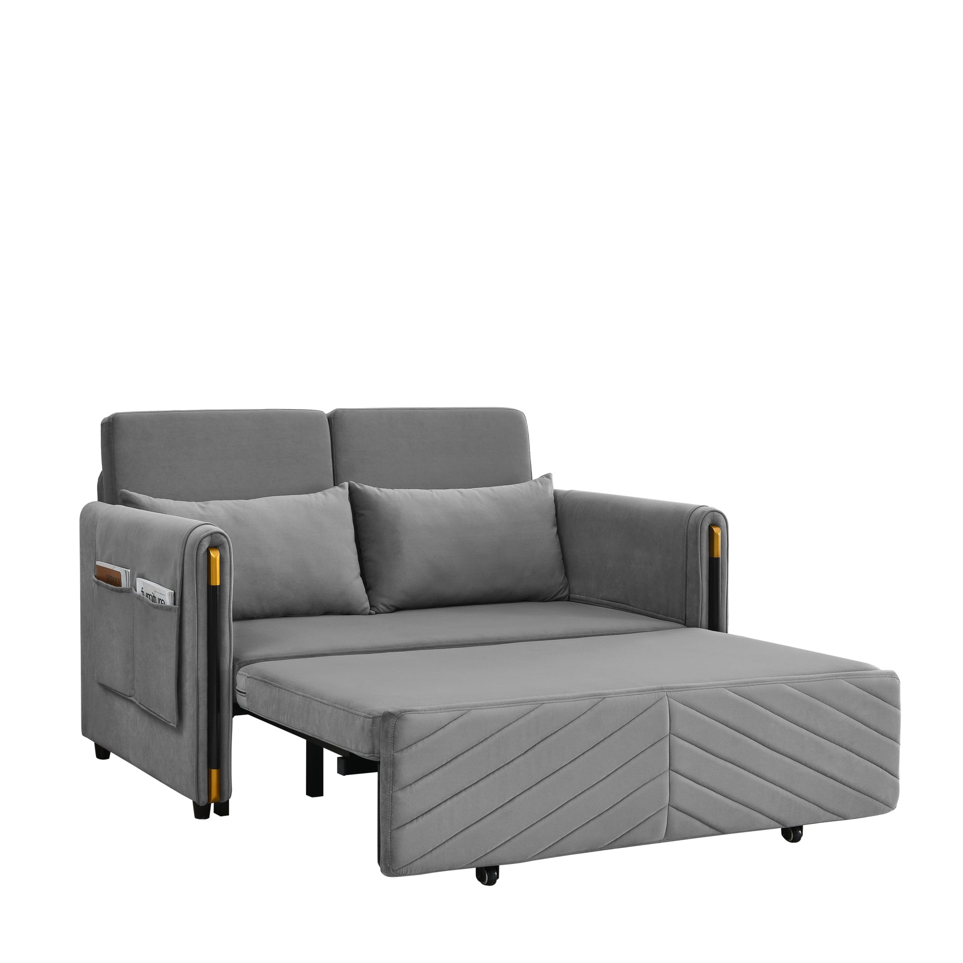 Mh 54" Modern Convertible Sofa Bed With 2 Detachable Arm Pockets, Velvet Loveseat Multi Position Adjustable Sofa With Pull Out Bed With Bedhead, 2 Pillows And Living Room, Grey Grey Polyester Velvet