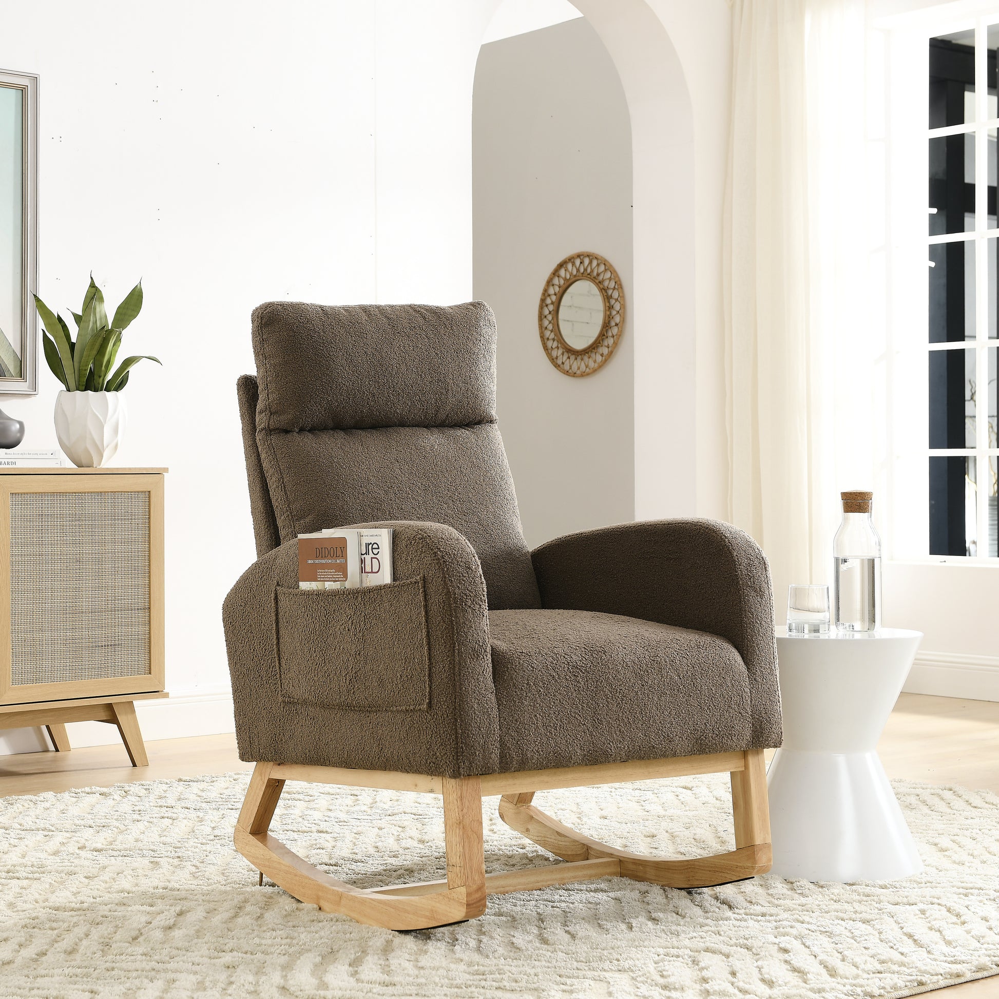 Video Welike 27.6"W Modern Accent High Backrest Living Room Lounge Arm Rocking Chair, Two Side Pocket W83453338 Coffee Foam Fabric