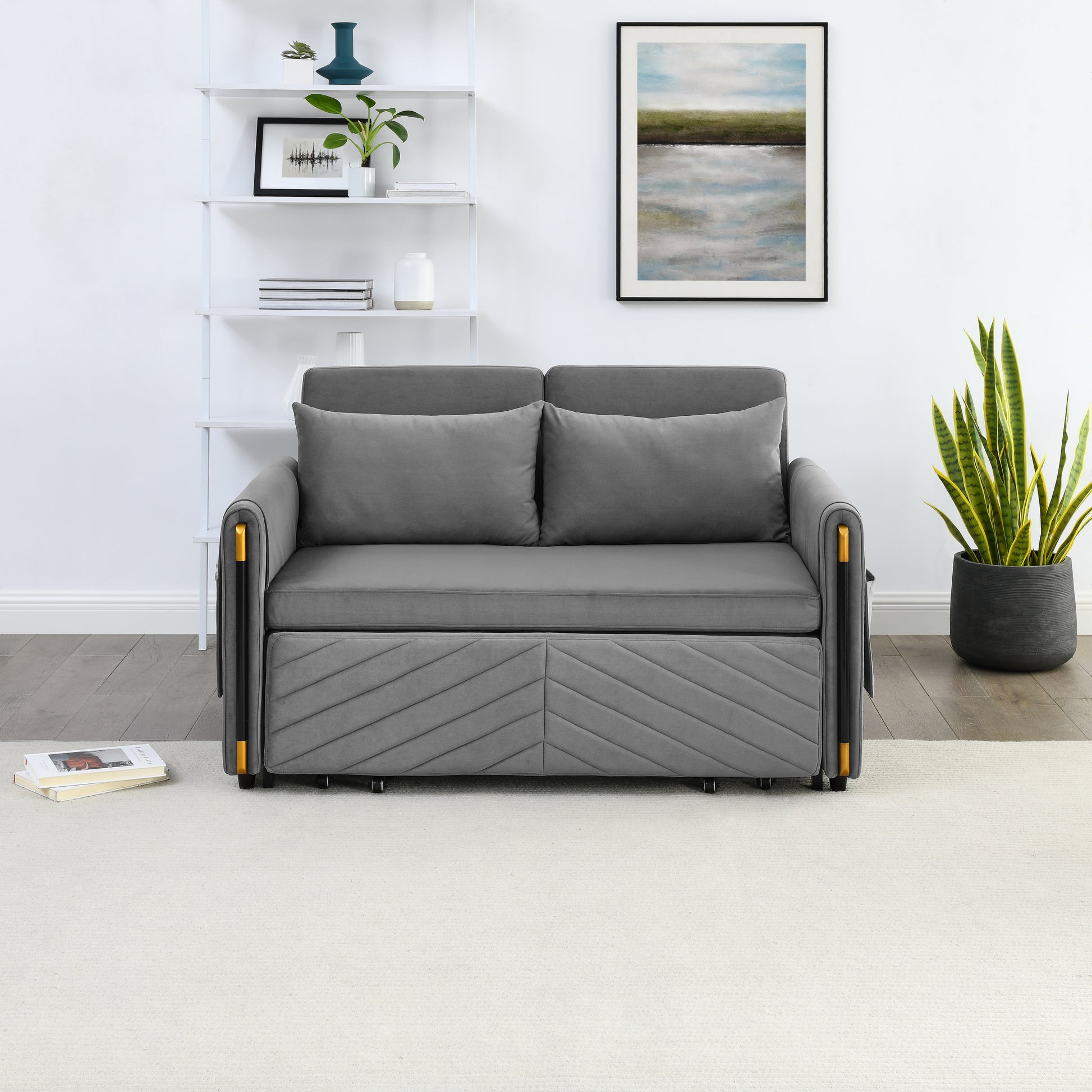 Mh 54" Modern Convertible Sofa Bed With 2 Detachable Arm Pockets, Velvet Loveseat Multi Position Adjustable Sofa With Pull Out Bed With Bedhead, 2 Pillows And Living Room, Grey Grey Polyester Velvet