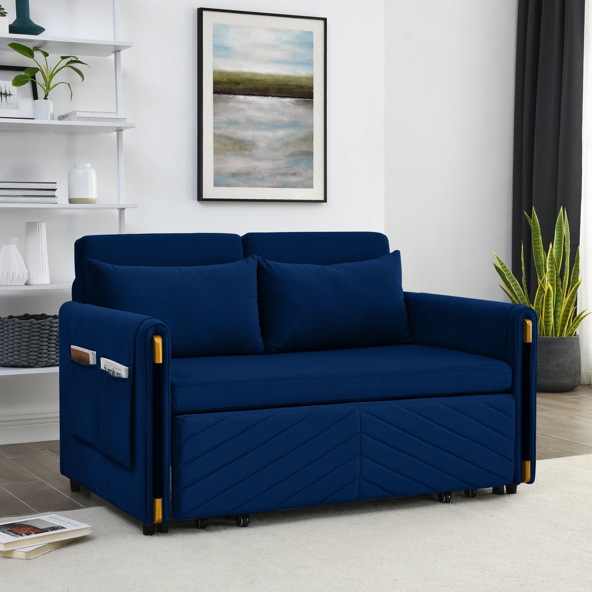 Mh 54" Modern Convertible Sofa Bed With 2 Detachable Arm Pockets, Velvet Loveseat Multi Position Adjustable Sofa With Pull Out Bed With Bedhead, 2 Pillows And Living Room, Blue Blue Polyester Velvet