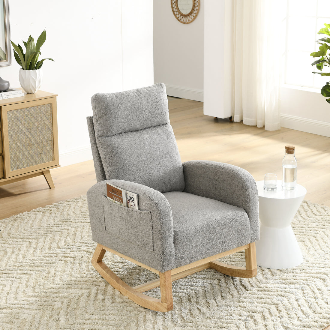 Video Welike 27.6"W Modern Accent High Backrest Living Room Lounge Arm Rocking Chair, Two Side Pocket W83453336 Grey Teddy Foam Fabric