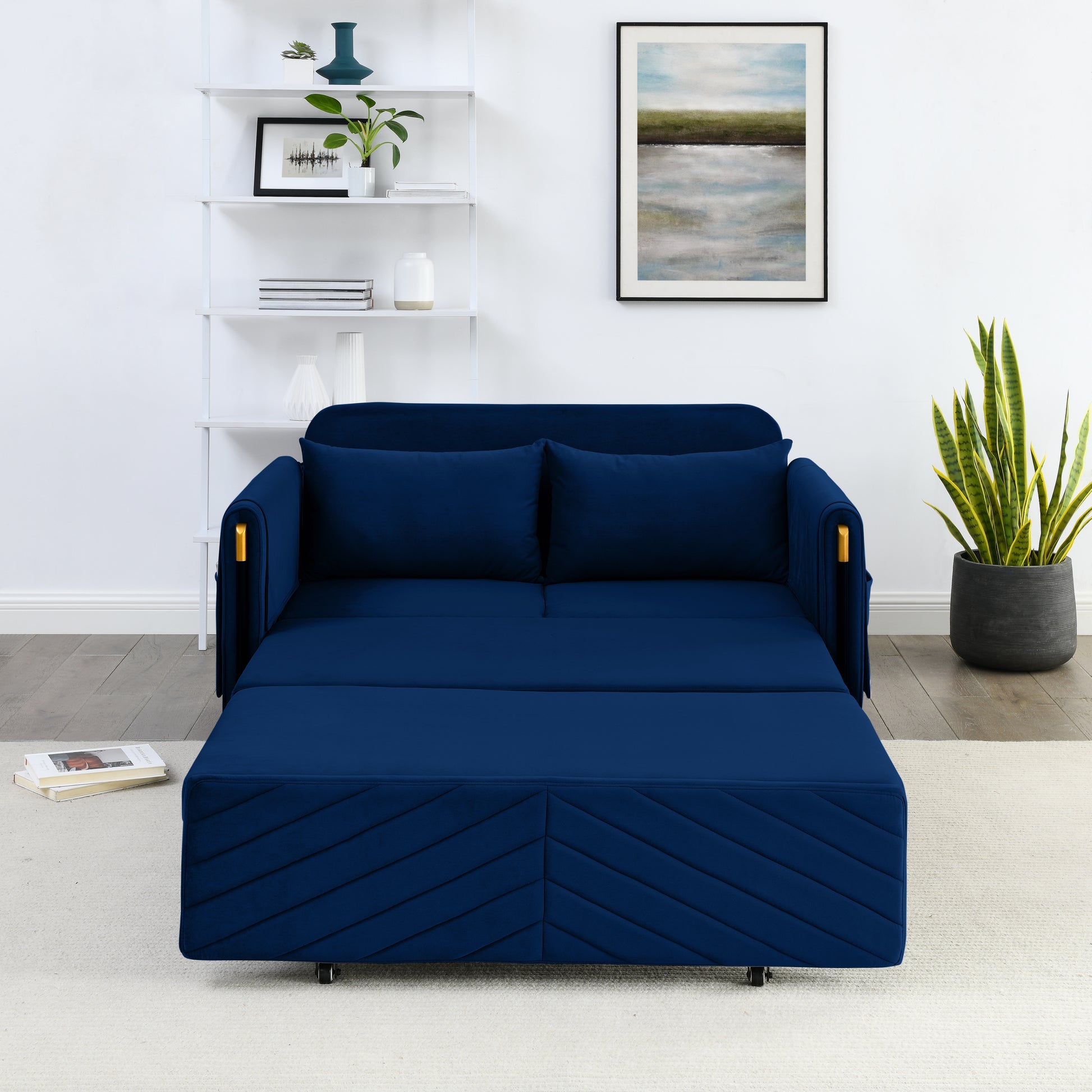 Mh 54" Modern Convertible Sofa Bed With 2 Detachable Arm Pockets, Velvet Loveseat Multi Position Adjustable Sofa With Pull Out Bed With Bedhead, 2 Pillows And Living Room, Blue Blue Polyester Velvet