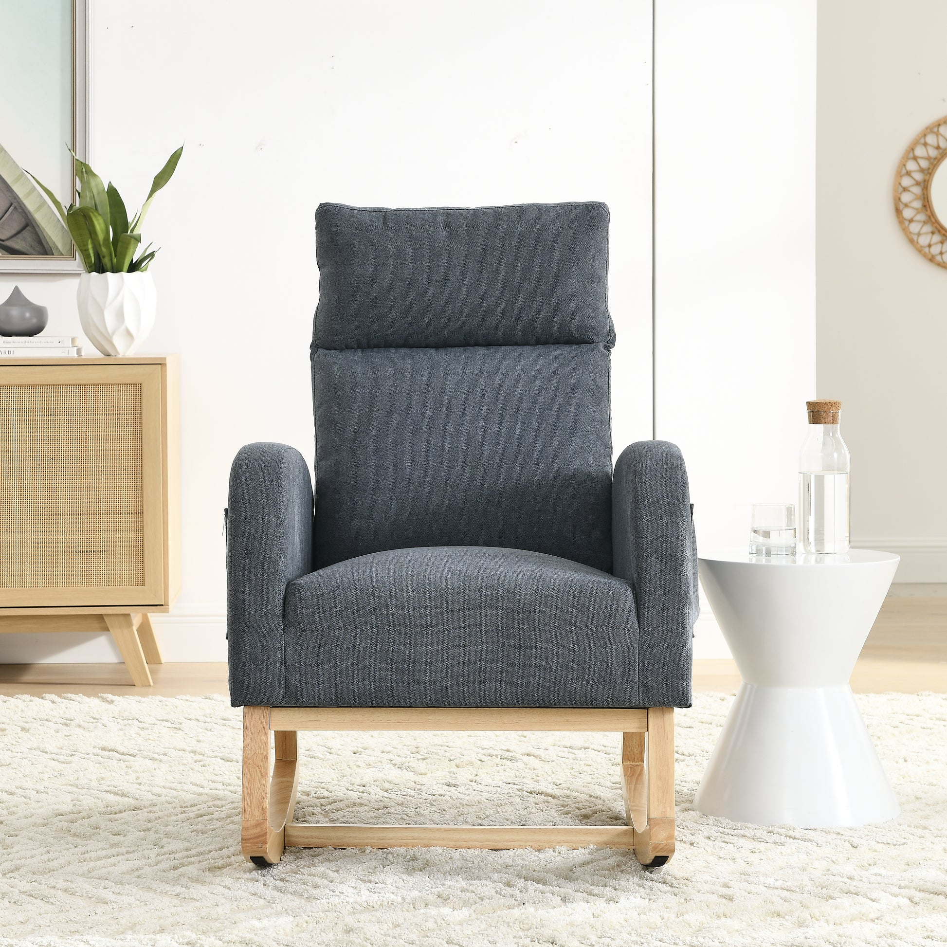 Video Welike 27.6"W Modern Accent High Backrest Living Room Lounge Arm Rocking Chair, Two Side Pocket W83453347 Dark Grey Foam Fabric