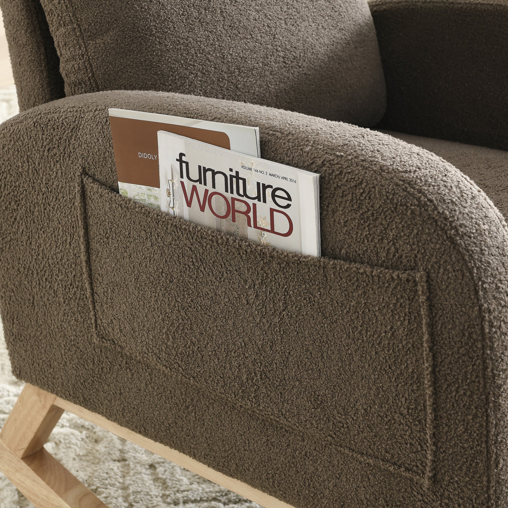 Video Welike 27.6"W Modern Accent High Backrest Living Room Lounge Arm Rocking Chair, Two Side Pocket W83453338 Coffee Foam Fabric