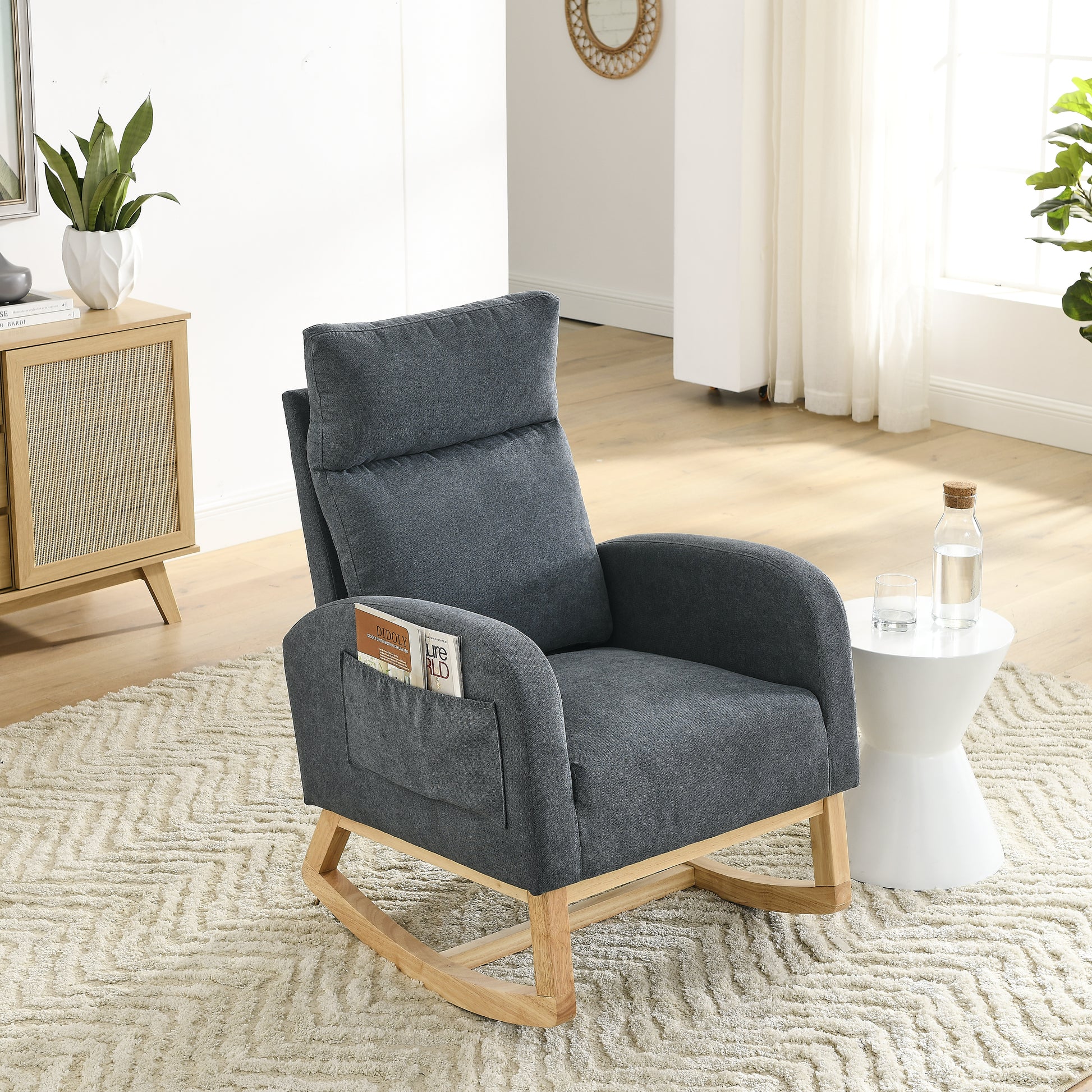 Video Welike 27.6"W Modern Accent High Backrest Living Room Lounge Arm Rocking Chair, Two Side Pocket W83453347 Dark Grey Foam Fabric