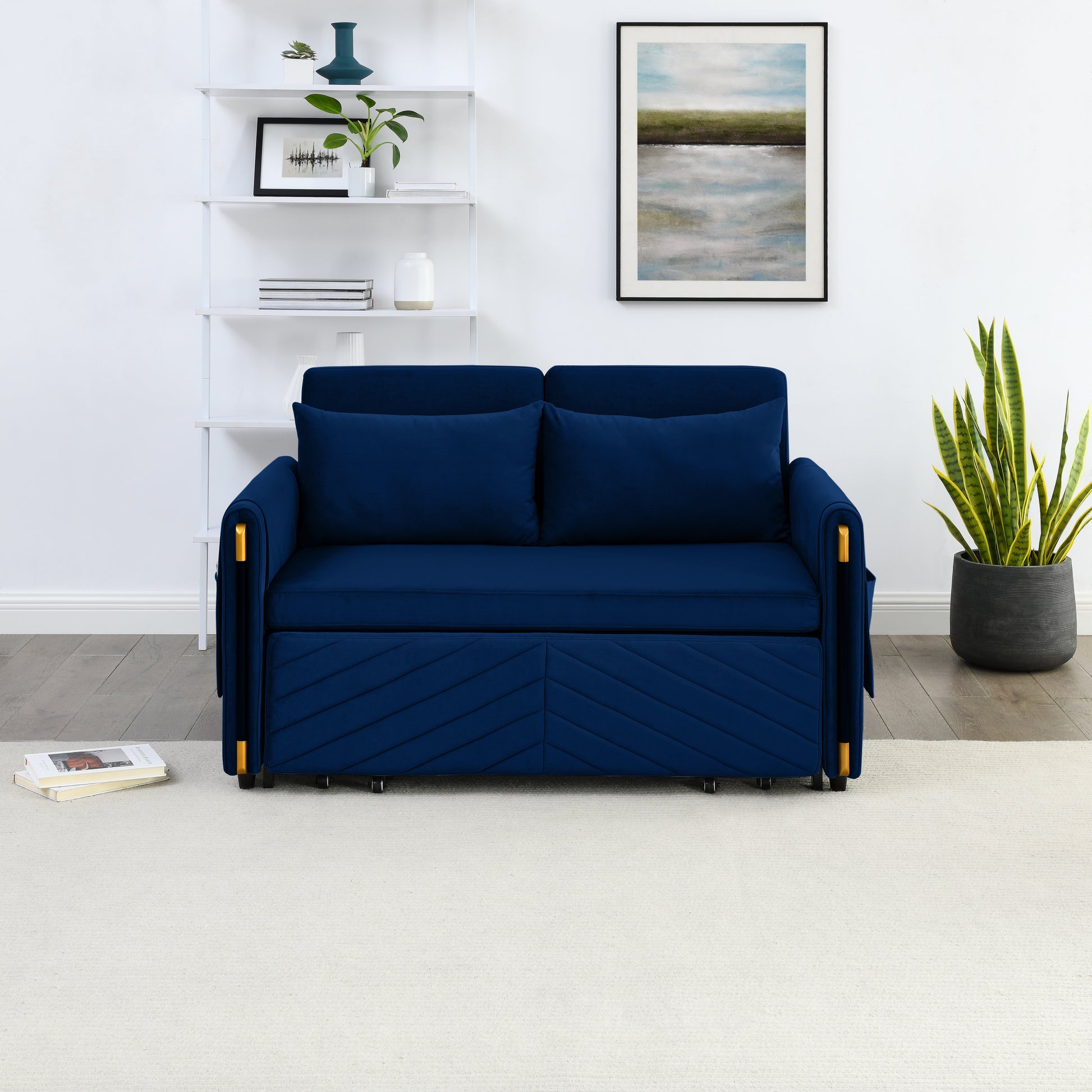 Mh 54" Modern Convertible Sofa Bed With 2 Detachable Arm Pockets, Velvet Loveseat Multi Position Adjustable Sofa With Pull Out Bed With Bedhead, 2 Pillows And Living Room, Blue Blue Polyester Velvet