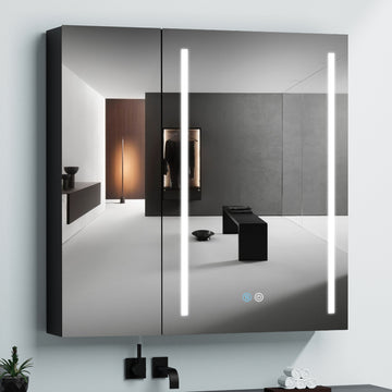 30X30 Inch Led Bathroom Medicine Cabinet Surface Mount Double Door Lighted Medicine Cabinet, Medicine Cabinets For Bathroom With Mirror Defogging, Dimmer Black Black Modern Aluminium