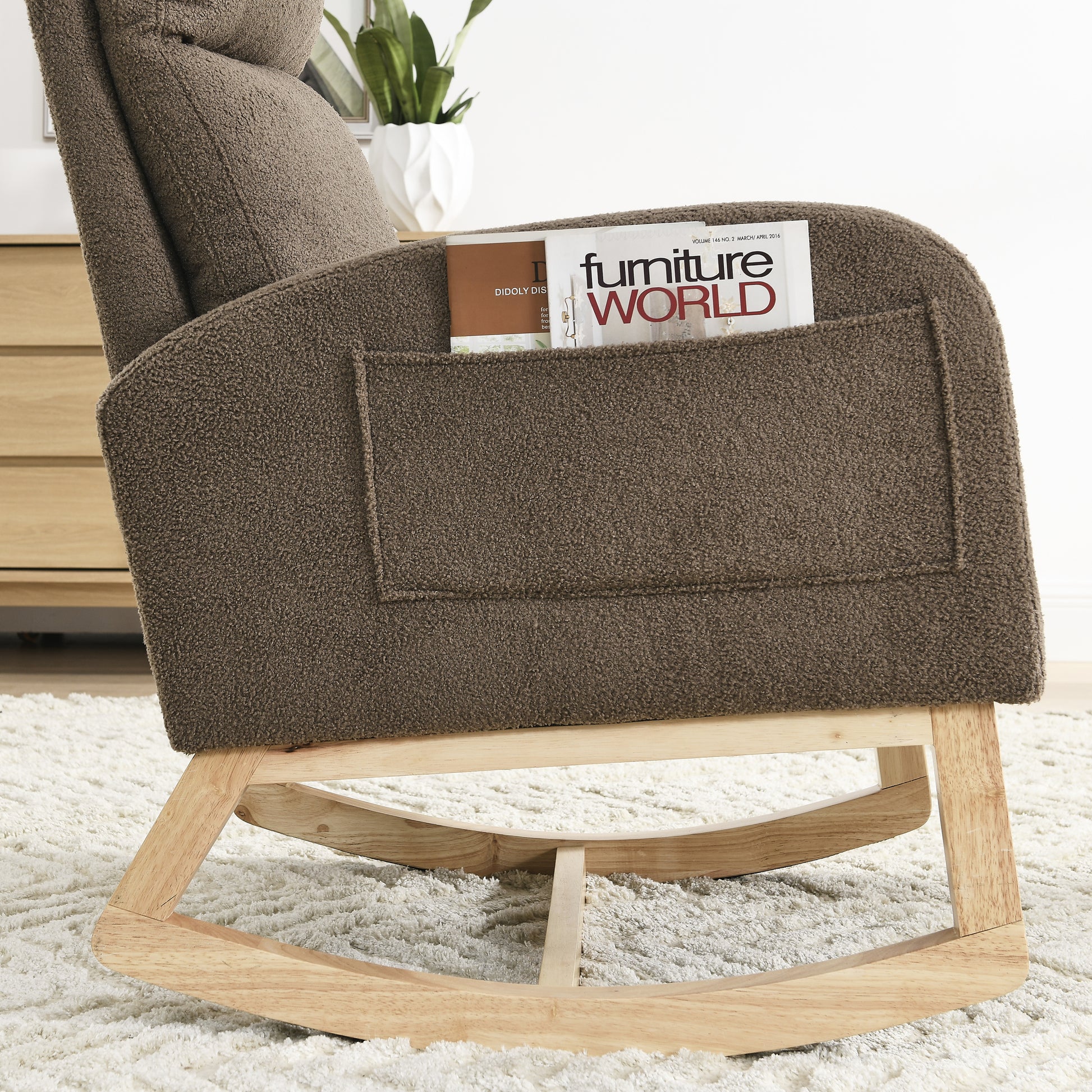 Video Welike 27.6"W Modern Accent High Backrest Living Room Lounge Arm Rocking Chair, Two Side Pocket W83453338 Coffee Foam Fabric
