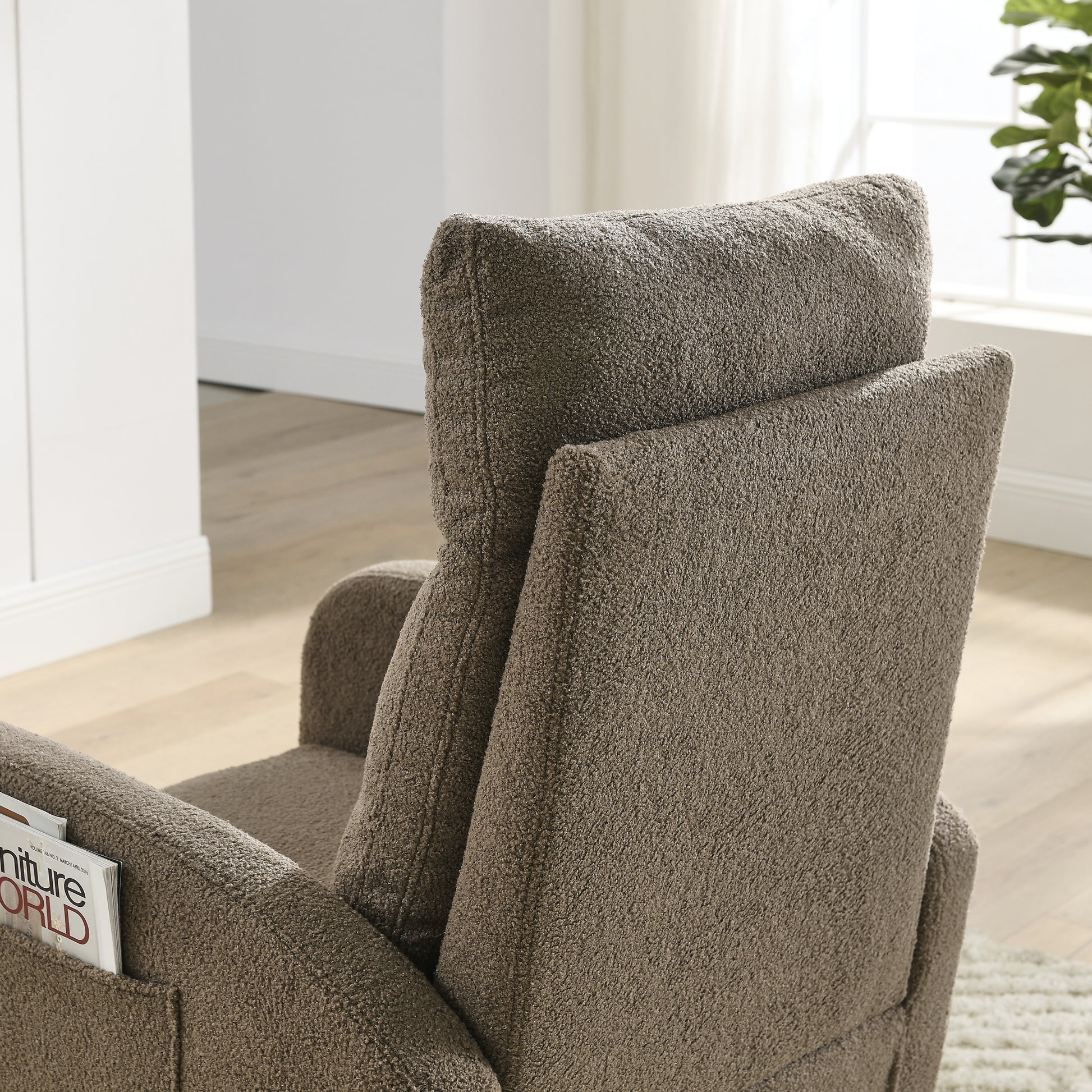 Video Welike 27.6"W Modern Accent High Backrest Living Room Lounge Arm Rocking Chair, Two Side Pocket W83453338 Coffee Foam Fabric