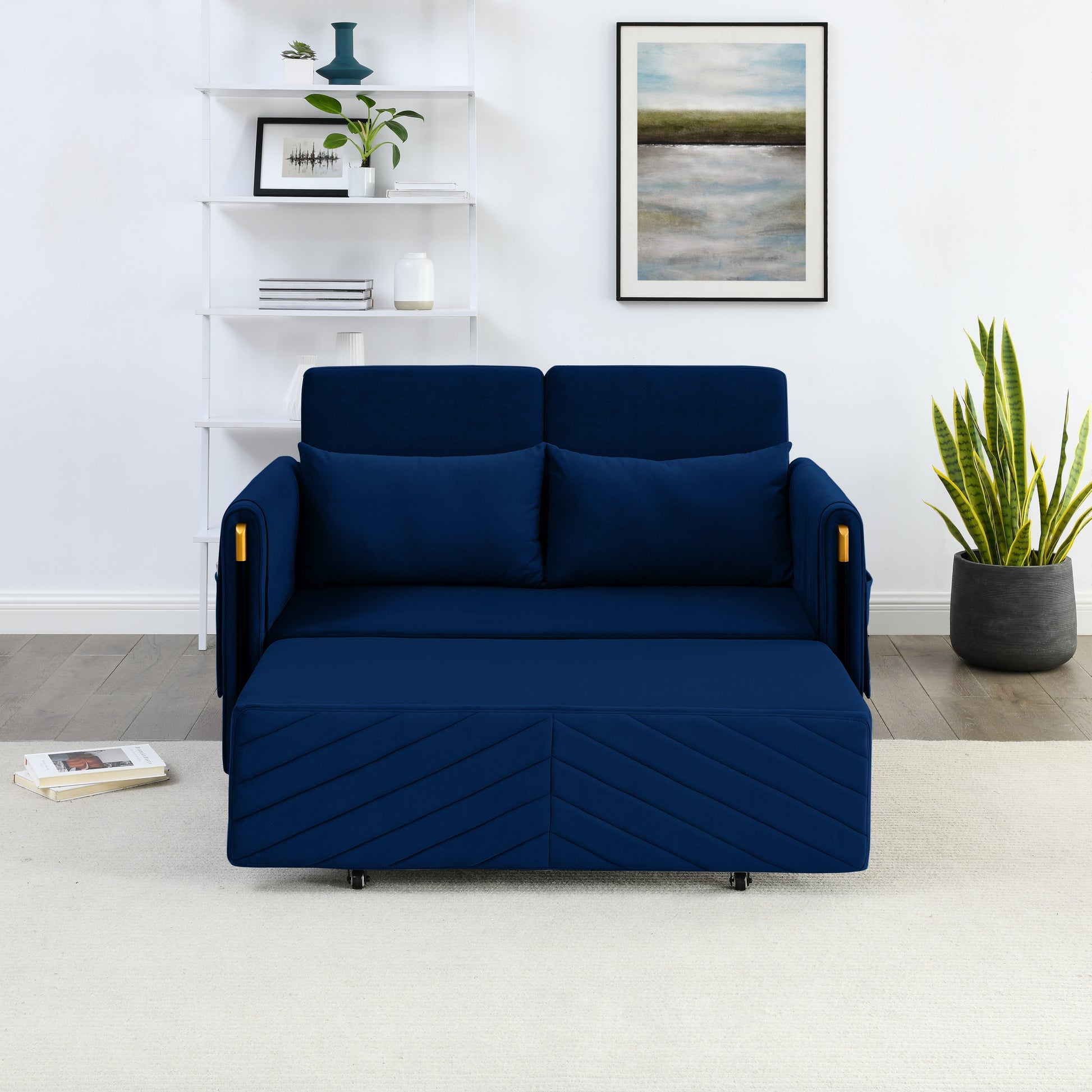 Mh 54" Modern Convertible Sofa Bed With 2 Detachable Arm Pockets, Velvet Loveseat Multi Position Adjustable Sofa With Pull Out Bed With Bedhead, 2 Pillows And Living Room, Blue Blue Polyester Velvet