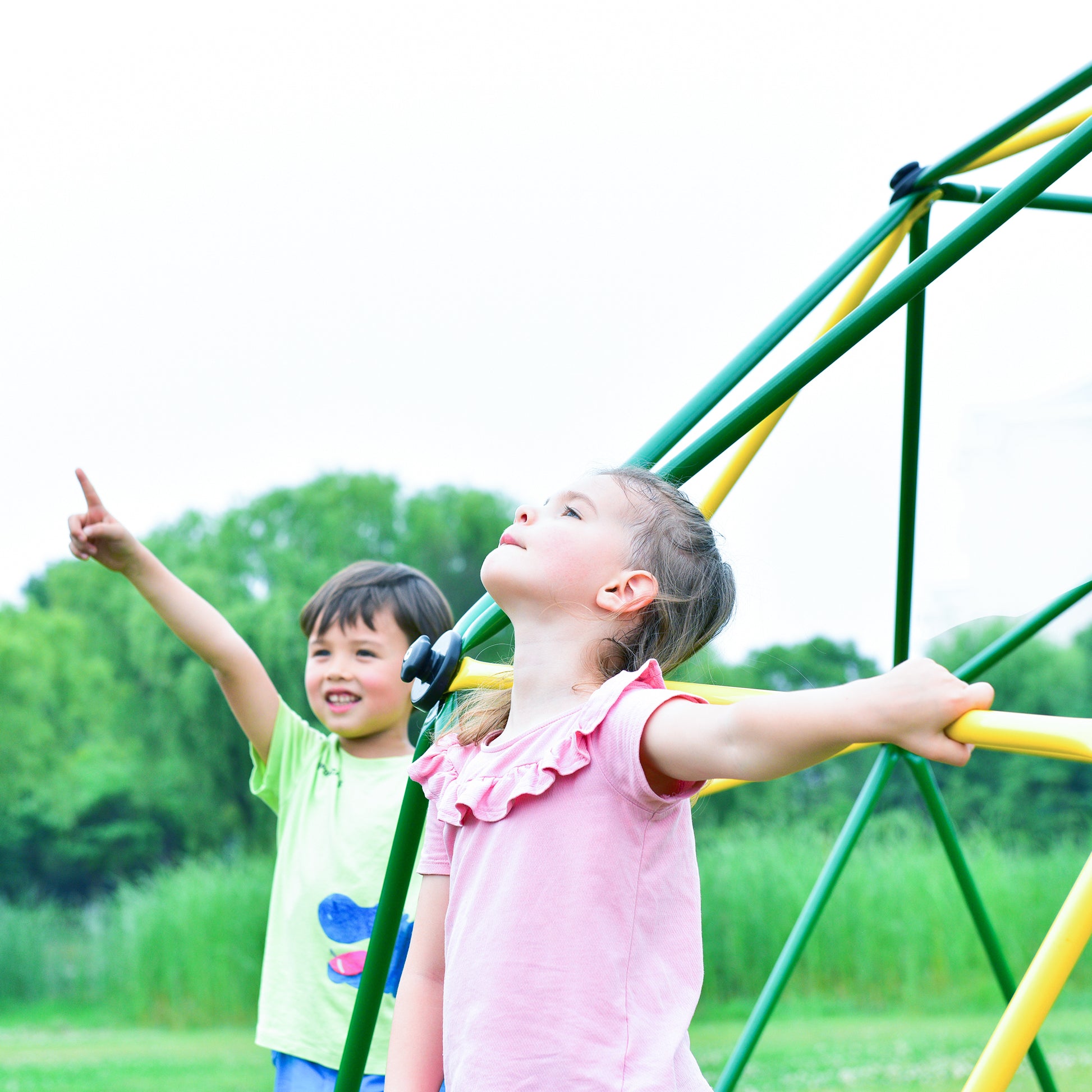 Kids Climbing Dome Tower 12 Ft Jungle Gym Geometric Playground Dome Climber Monkey Bars Play Center, Rust & Uv Resistant Steel Supporting 1000 Lbs Light Green Metal