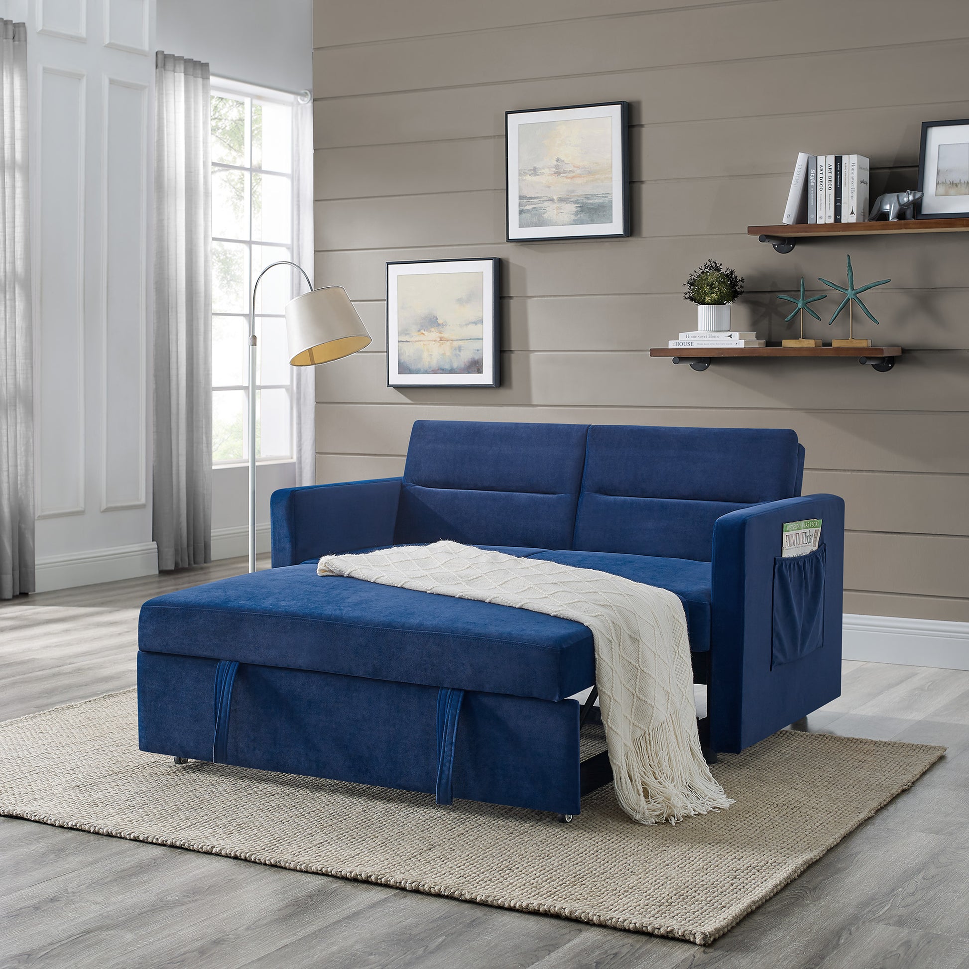 Loveseats Sofa Bed With Pull Out Bed,Adjsutable Back And Two Arm Pocket,Blue 54.5"X33"X31.5" Blue Velvet