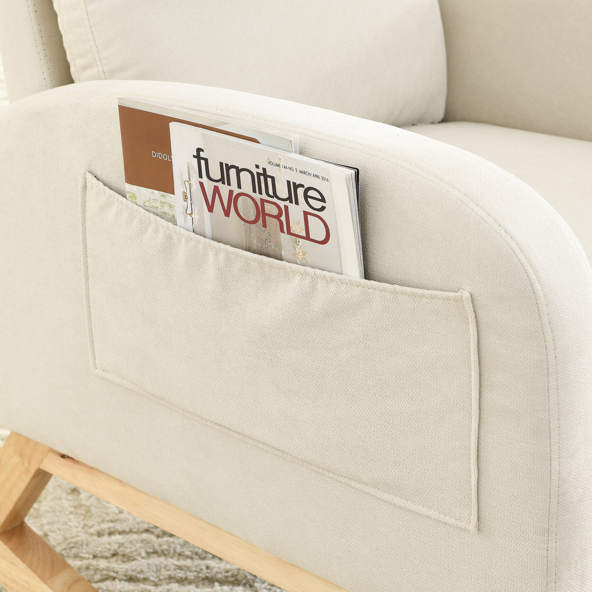 Video Welike 27.6"W Modern Accent High Backrest Living Room Lounge Arm Rocking Chair, Two Side Pocket W83453708 Beige Foam Fabric