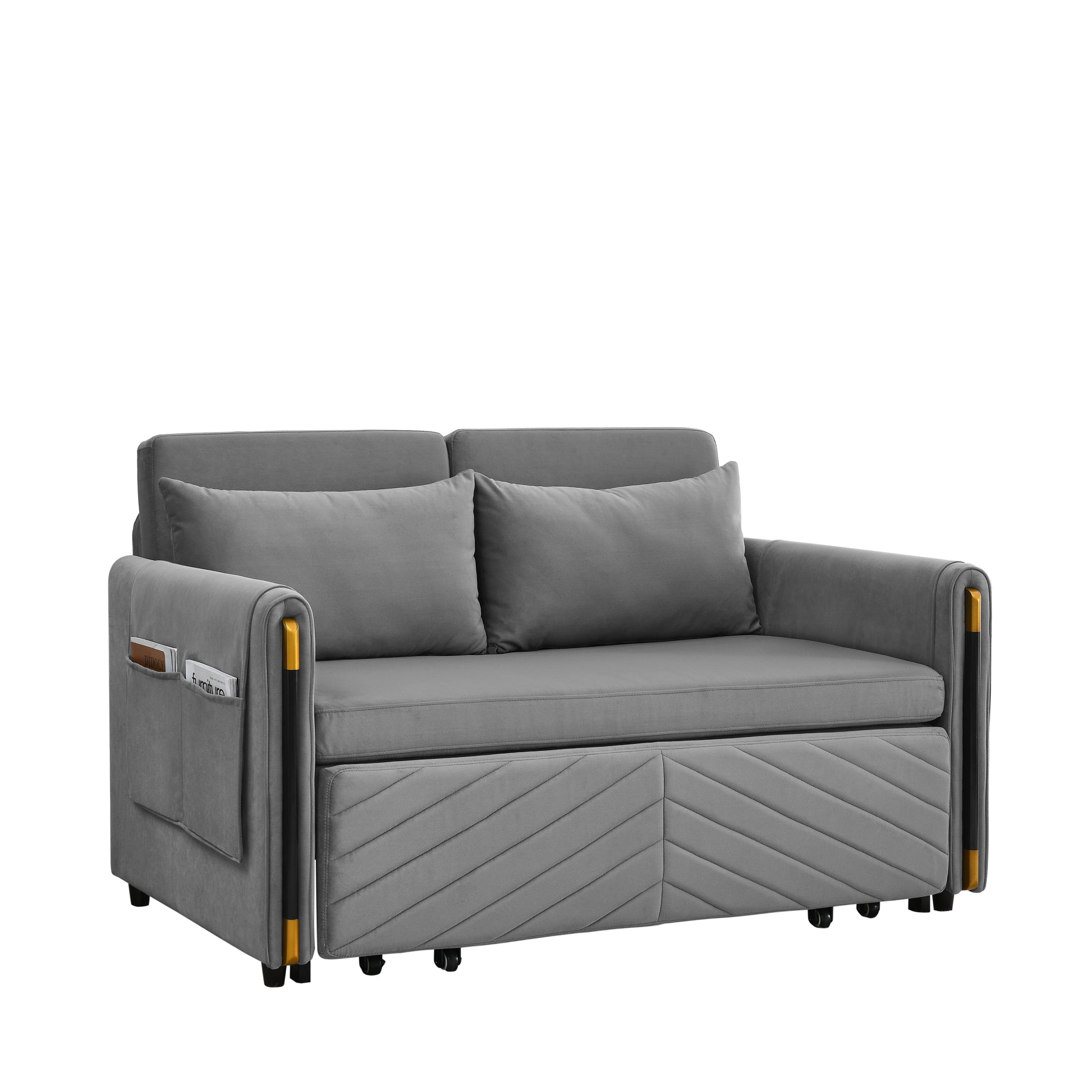 Mh 54" Modern Convertible Sofa Bed With 2 Detachable Arm Pockets, Velvet Loveseat Multi Position Adjustable Sofa With Pull Out Bed With Bedhead, 2 Pillows And Living Room, Grey Grey Polyester Velvet