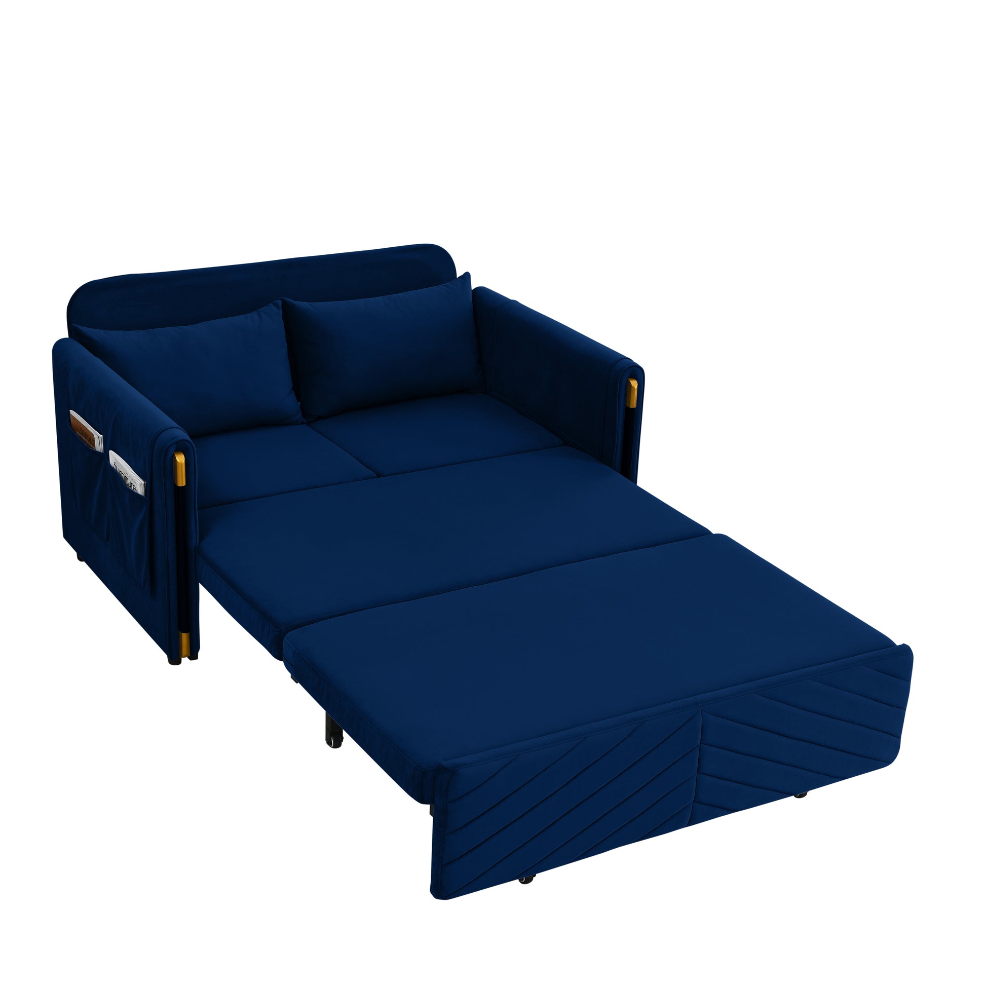 Mh 54" Modern Convertible Sofa Bed With 2 Detachable Arm Pockets, Velvet Loveseat Multi Position Adjustable Sofa With Pull Out Bed With Bedhead, 2 Pillows And Living Room, Blue Blue Polyester Velvet