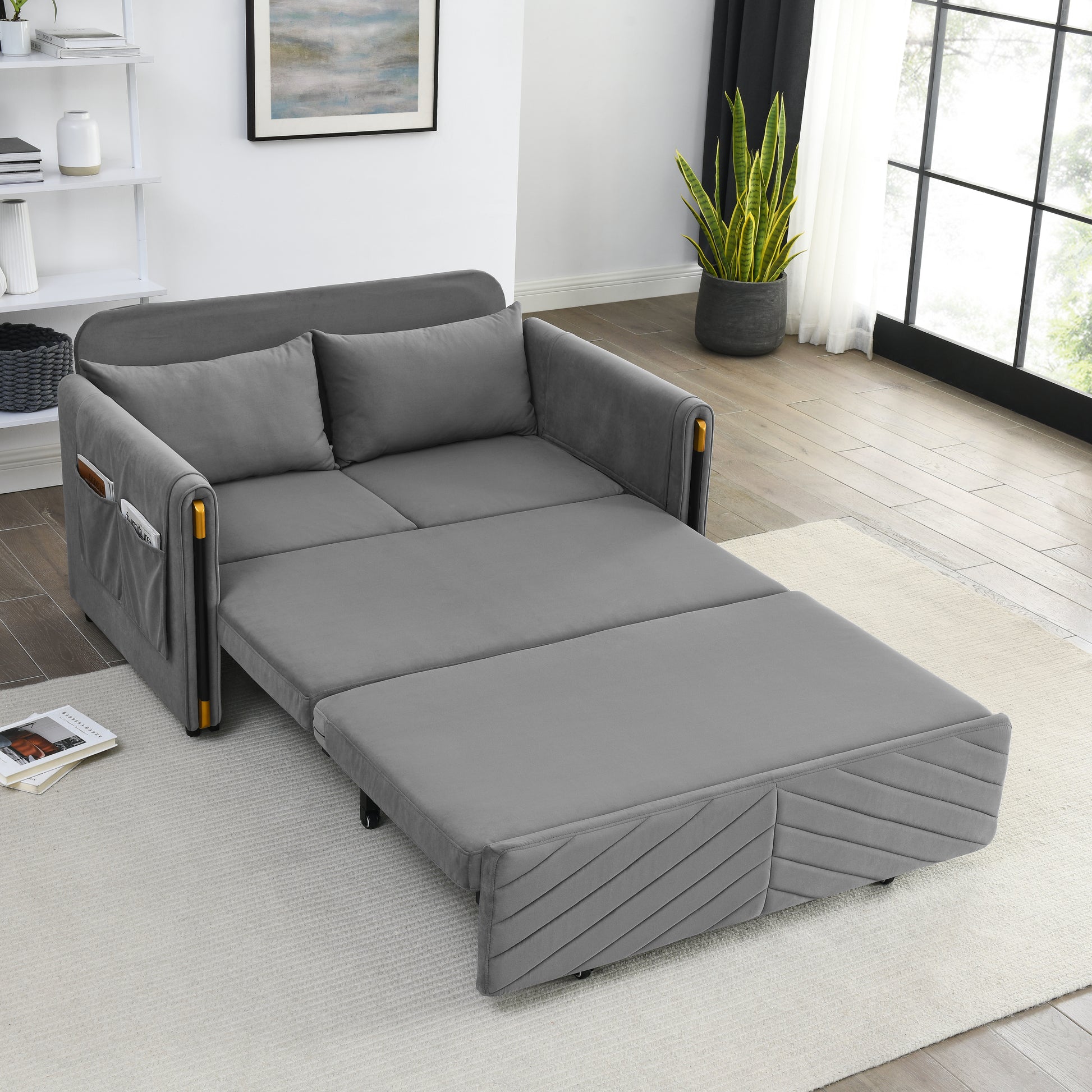 Mh 54" Modern Convertible Sofa Bed With 2 Detachable Arm Pockets, Velvet Loveseat Multi Position Adjustable Sofa With Pull Out Bed With Bedhead, 2 Pillows And Living Room, Grey Grey Polyester Velvet