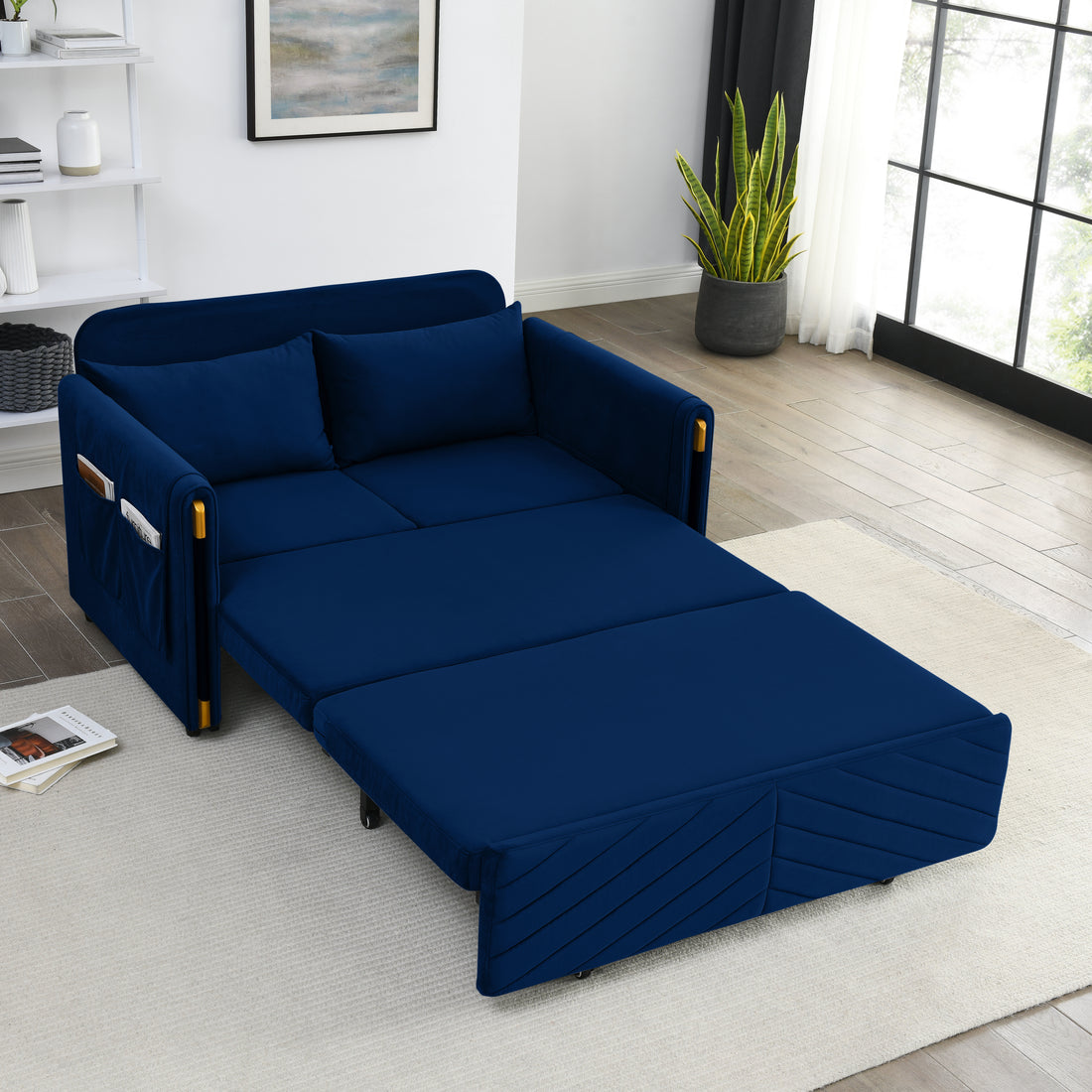 Mh 54" Modern Convertible Sofa Bed With 2 Detachable Arm Pockets, Velvet Loveseat Multi Position Adjustable Sofa With Pull Out Bed With Bedhead, 2 Pillows And Living Room, Blue Blue Polyester Velvet