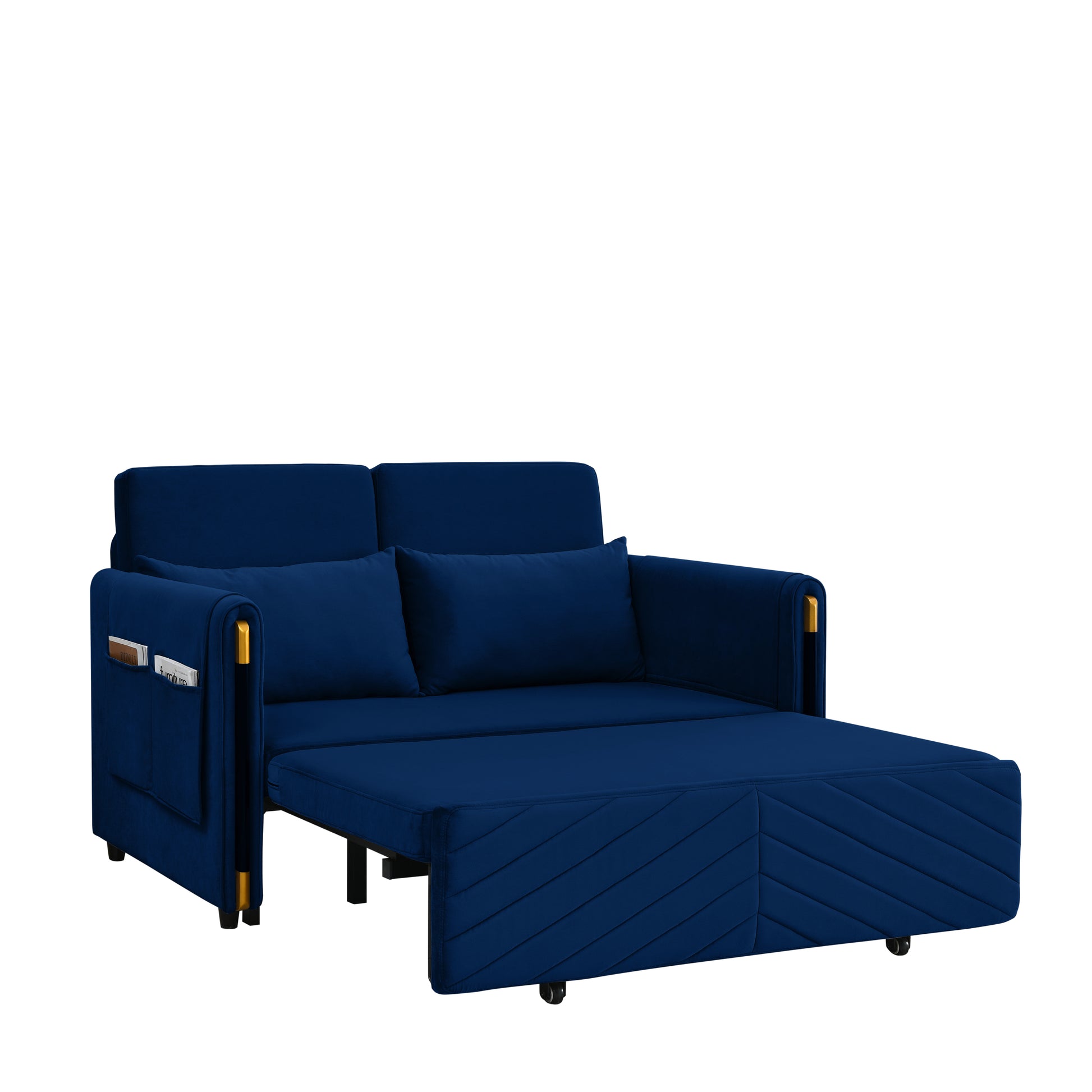 Mh 54" Modern Convertible Sofa Bed With 2 Detachable Arm Pockets, Velvet Loveseat Multi Position Adjustable Sofa With Pull Out Bed With Bedhead, 2 Pillows And Living Room, Blue Blue Polyester Velvet