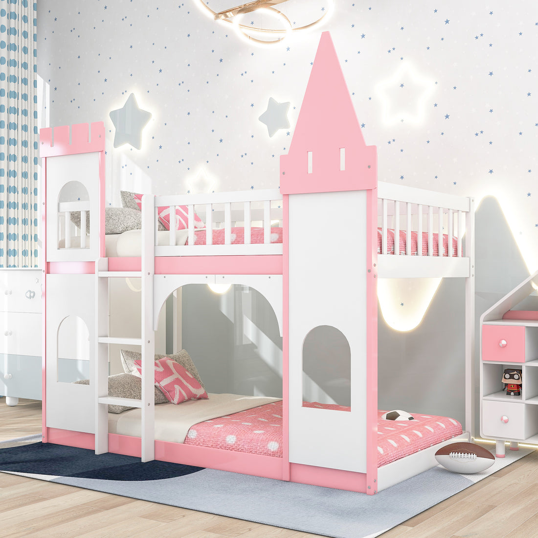 Twin Over Twin Castle Bunk Bed With Ladder Pink Pink Solid Wood