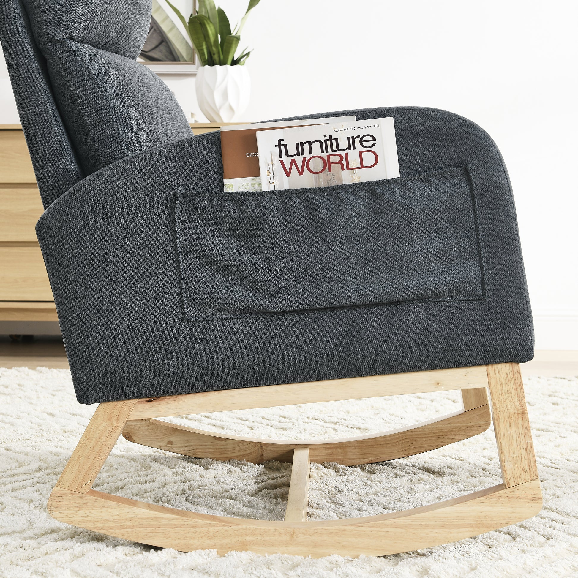 Video Welike 27.6"W Modern Accent High Backrest Living Room Lounge Arm Rocking Chair, Two Side Pocket W83453347 Dark Grey Foam Fabric