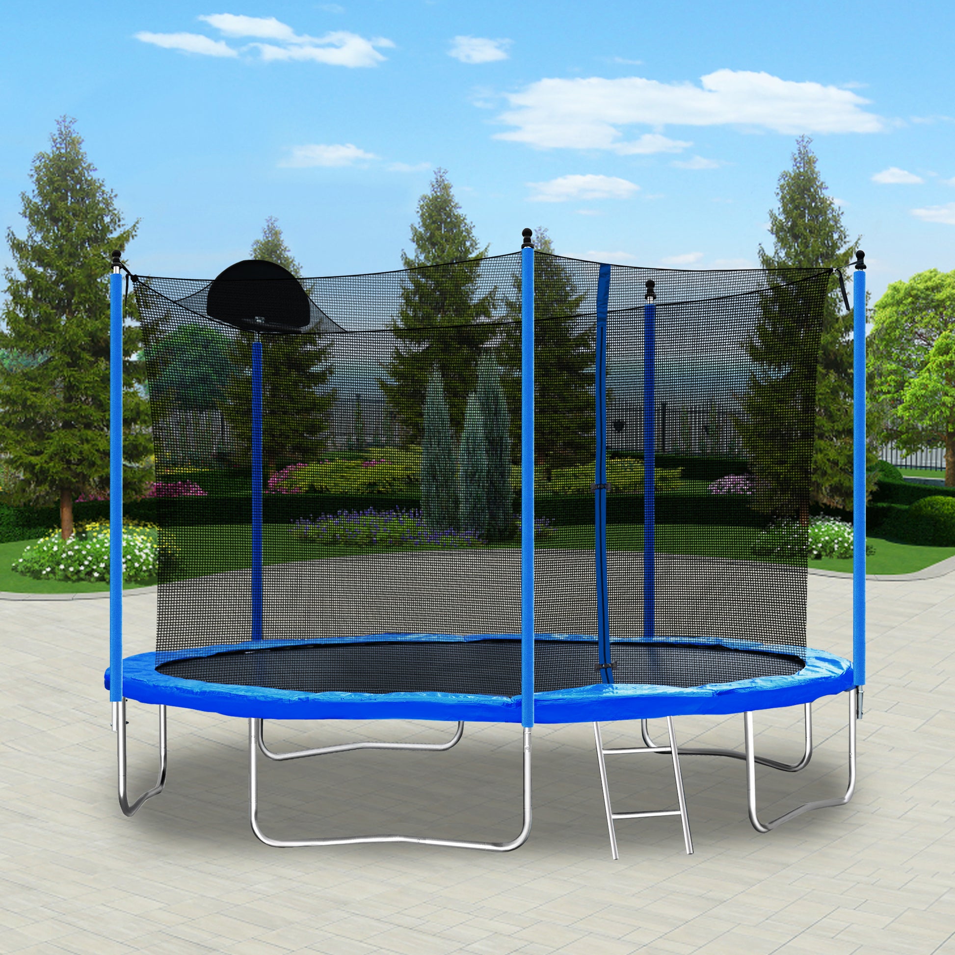 12Ft Trampoline For Adults & Kids With Basketball Hoop, Outdoor Trampolines W Ladder And Safety Enclosure Net For Kids And Adults Blue Metal