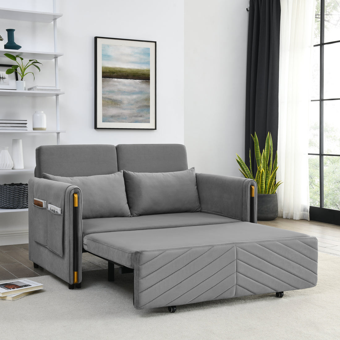 Mh 54" Modern Convertible Sofa Bed With 2 Detachable Arm Pockets, Velvet Loveseat Multi Position Adjustable Sofa With Pull Out Bed With Bedhead, 2 Pillows And Living Room, Grey Grey Polyester Velvet