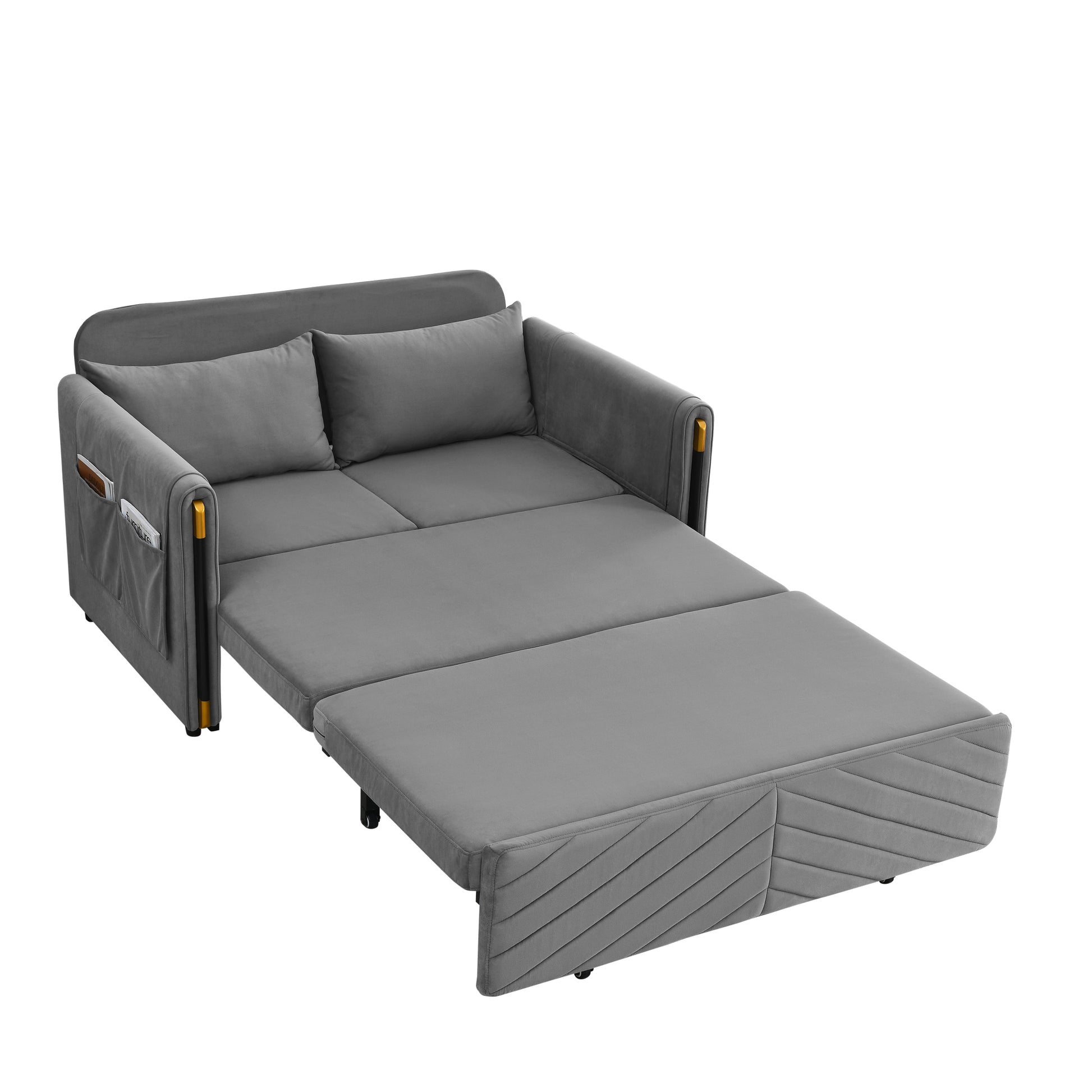 Mh 54" Modern Convertible Sofa Bed With 2 Detachable Arm Pockets, Velvet Loveseat Multi Position Adjustable Sofa With Pull Out Bed With Bedhead, 2 Pillows And Living Room, Grey Grey Polyester Velvet