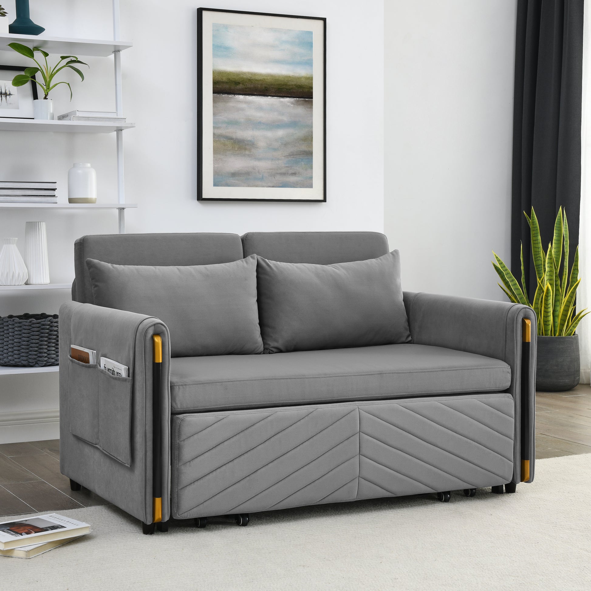 Mh 54" Modern Convertible Sofa Bed With 2 Detachable Arm Pockets, Velvet Loveseat Multi Position Adjustable Sofa With Pull Out Bed With Bedhead, 2 Pillows And Living Room, Grey Grey Polyester Velvet