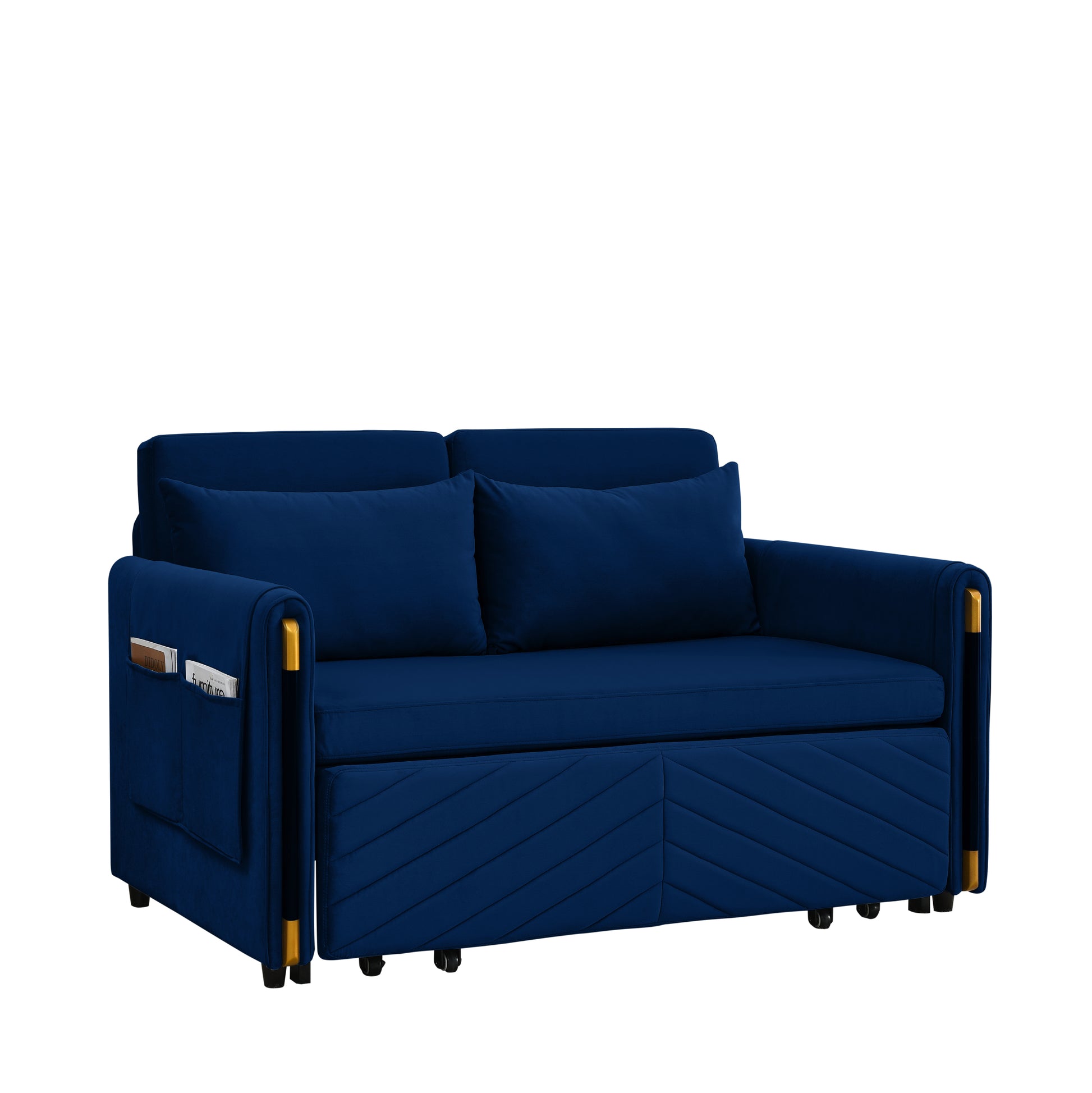 Mh 54" Modern Convertible Sofa Bed With 2 Detachable Arm Pockets, Velvet Loveseat Multi Position Adjustable Sofa With Pull Out Bed With Bedhead, 2 Pillows And Living Room, Blue Blue Polyester Velvet