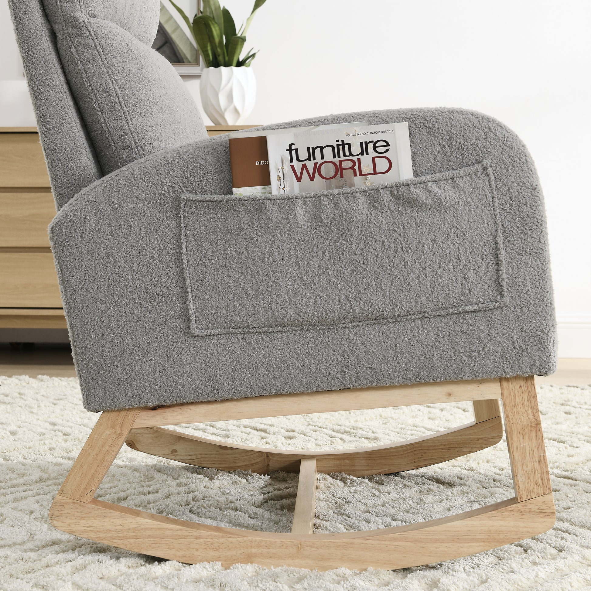 Video Welike 27.6"W Modern Accent High Backrest Living Room Lounge Arm Rocking Chair, Two Side Pocket W83453336 Grey Teddy Foam Fabric