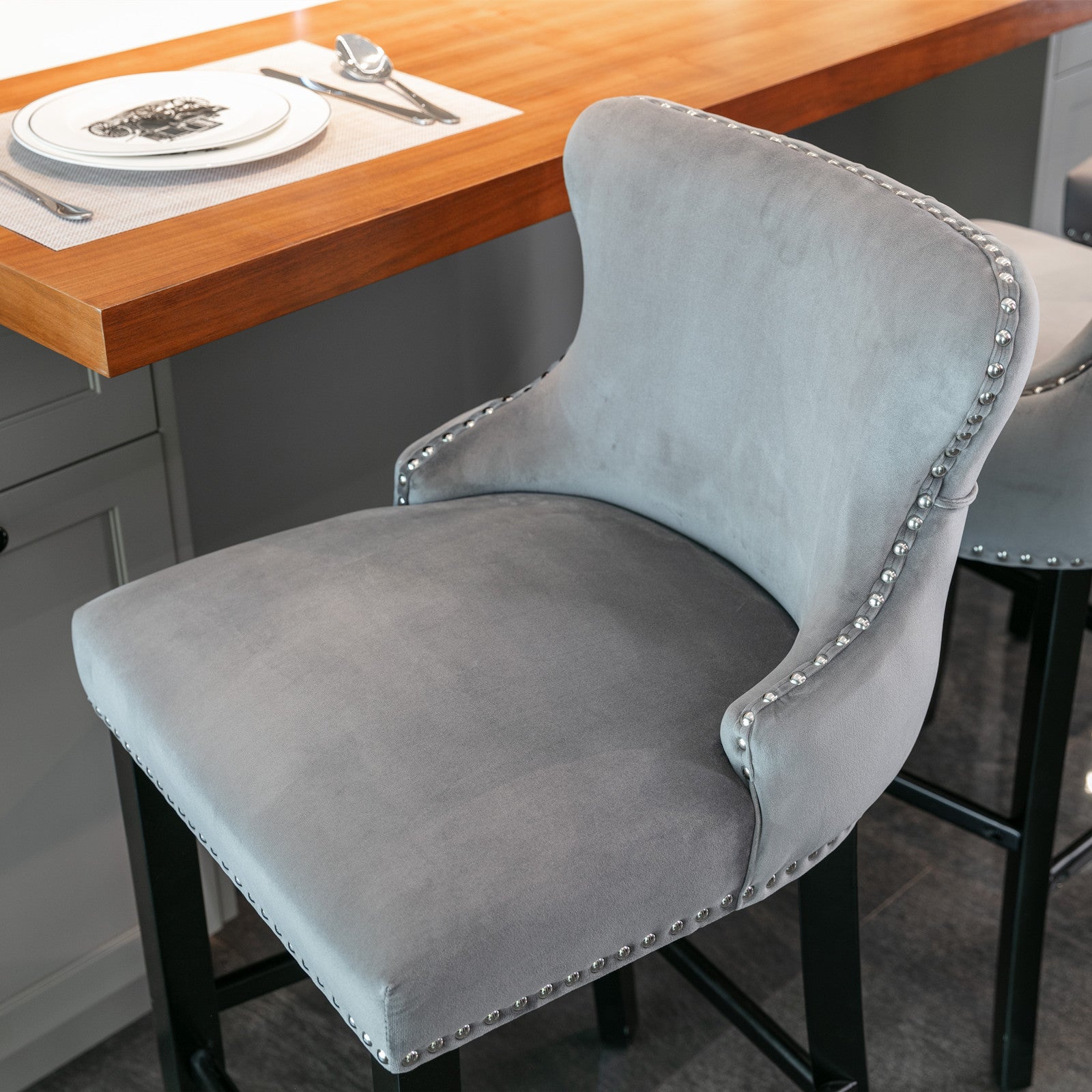 Contemporary Velvet Upholstered Wing Back Barstools With Button Tufted Decoration And Wooden Legs, And Chrome Trim, Leisure Style Bar Chairs,Bar Stools, Set Of 2 Gray ,Sw1824Gy Gray Foam Velvet
