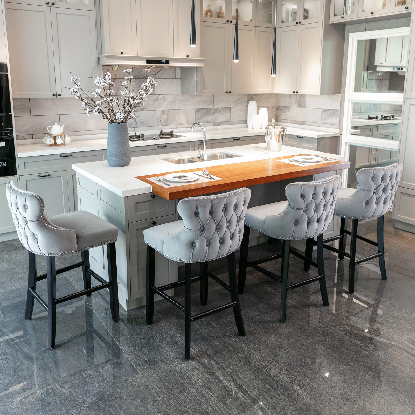 Contemporary Velvet Upholstered Wing Back Barstools With Button Tufted Decoration And Wooden Legs, And Chrome Trim, Leisure Style Bar Chairs,Bar Stools, Set Of 2 Gray ,Sw1824Gy Gray Foam Velvet
