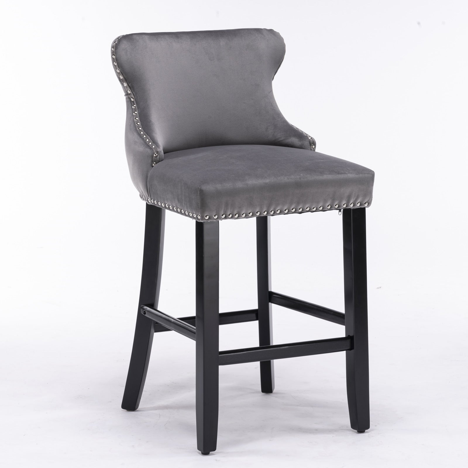 Contemporary Velvet Upholstered Wing Back Barstools With Button Tufted Decoration And Wooden Legs, And Chrome Trim, Leisure Style Bar Chairs,Bar Stools, Set Of 2 Gray ,Sw1824Gy Gray Foam Velvet