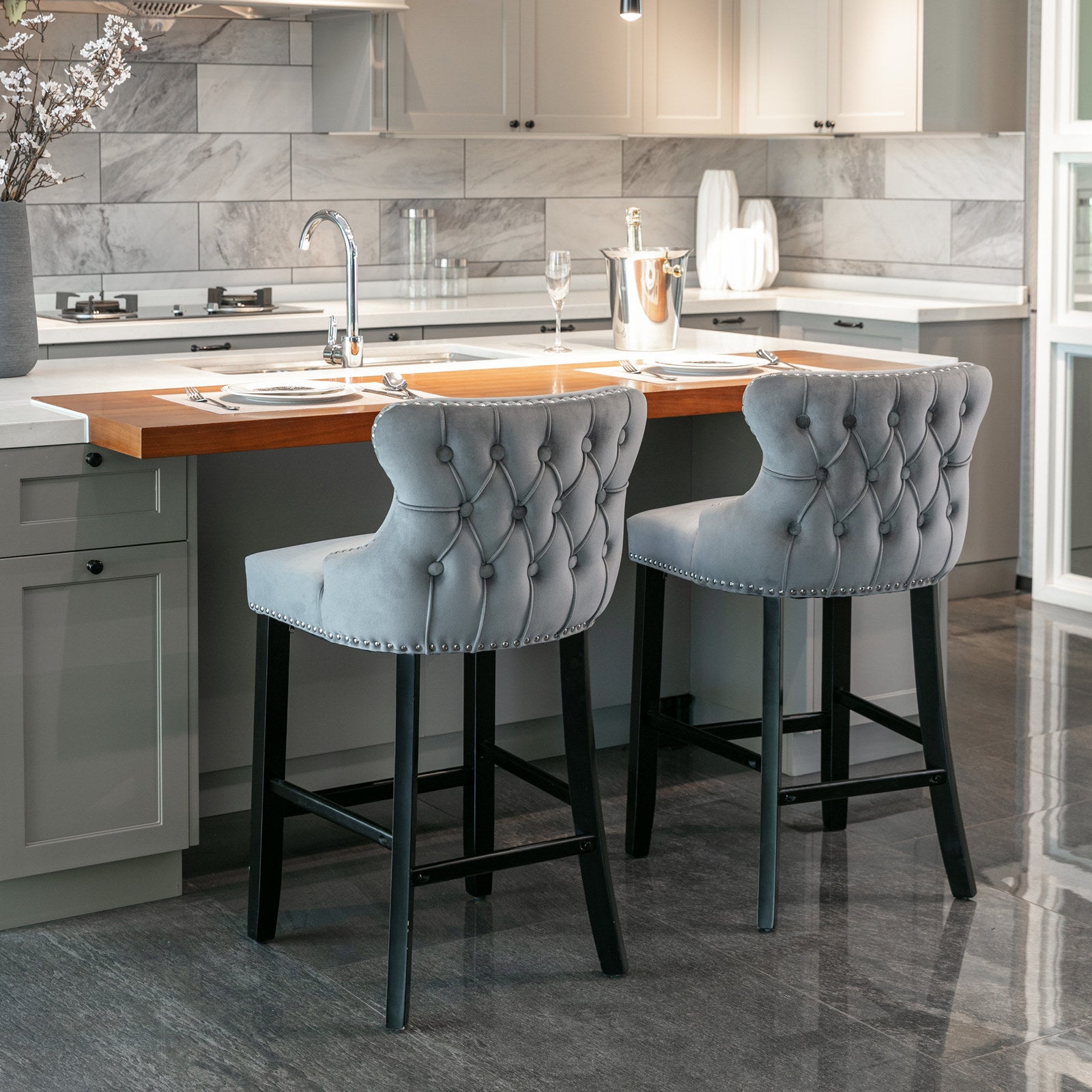 Contemporary Velvet Upholstered Wing Back Barstools With Button Tufted Decoration And Wooden Legs, And Chrome Trim, Leisure Style Bar Chairs,Bar Stools, Set Of 2 Gray ,Sw1824Gy Gray Foam Velvet