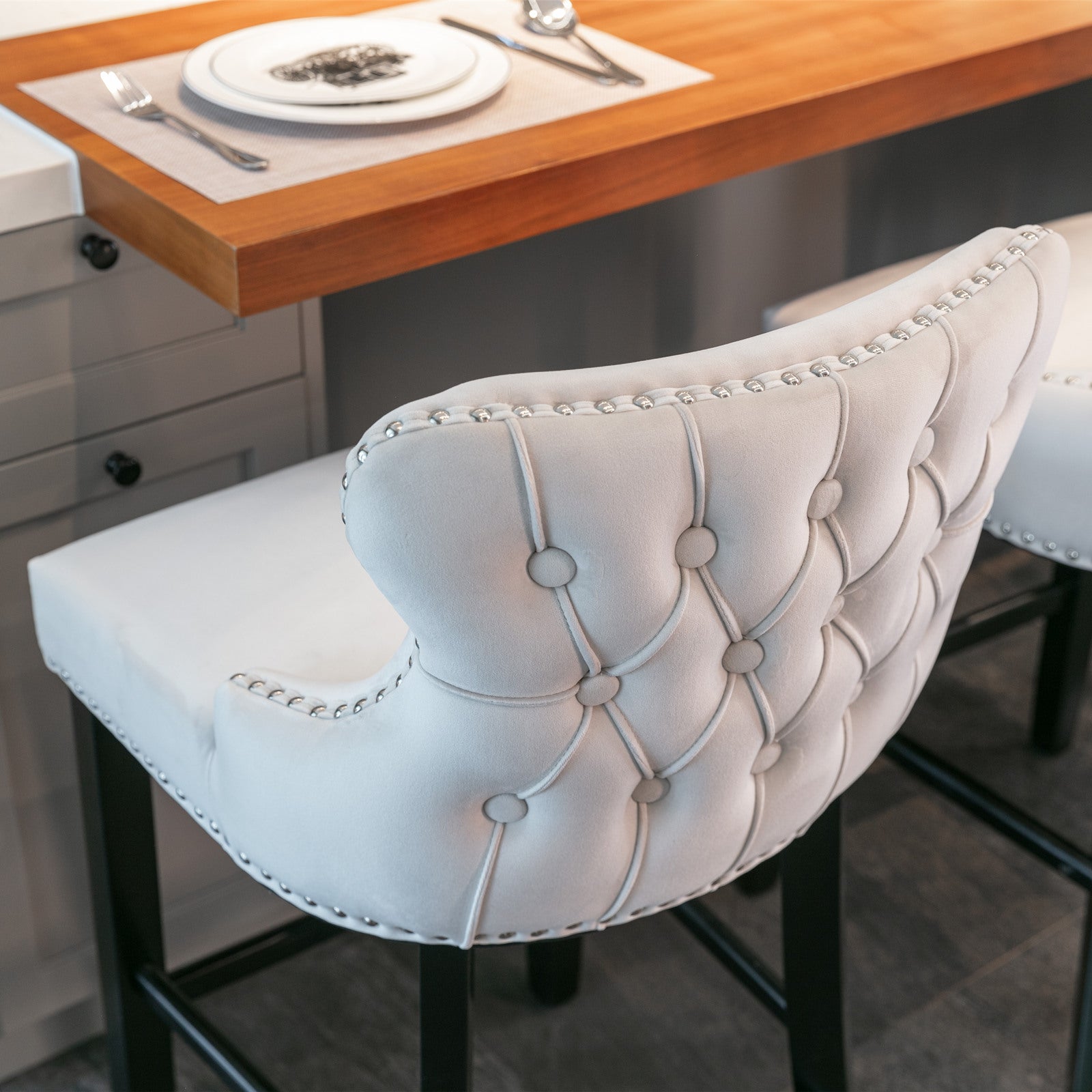 Contemporary Velvet Upholstered Wing Back Barstools With Button Tufted Decoration And Wooden Legs, And Chrome Trim, Leisure Style Bar Chairs,Bar Stools, Set Of 2 Beige ,Sw1824B Beige Foam Velvet