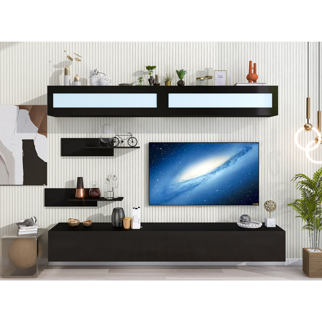 Wall Mount Floating Tv Stand With Four Media Storage Cabinets And Two Shelves, Modern High Gloss Entertainment Center For 95 Inch Tv, 16 Color Rgb Led Lights For Living Room, Bedroom, Black Black Particle Board