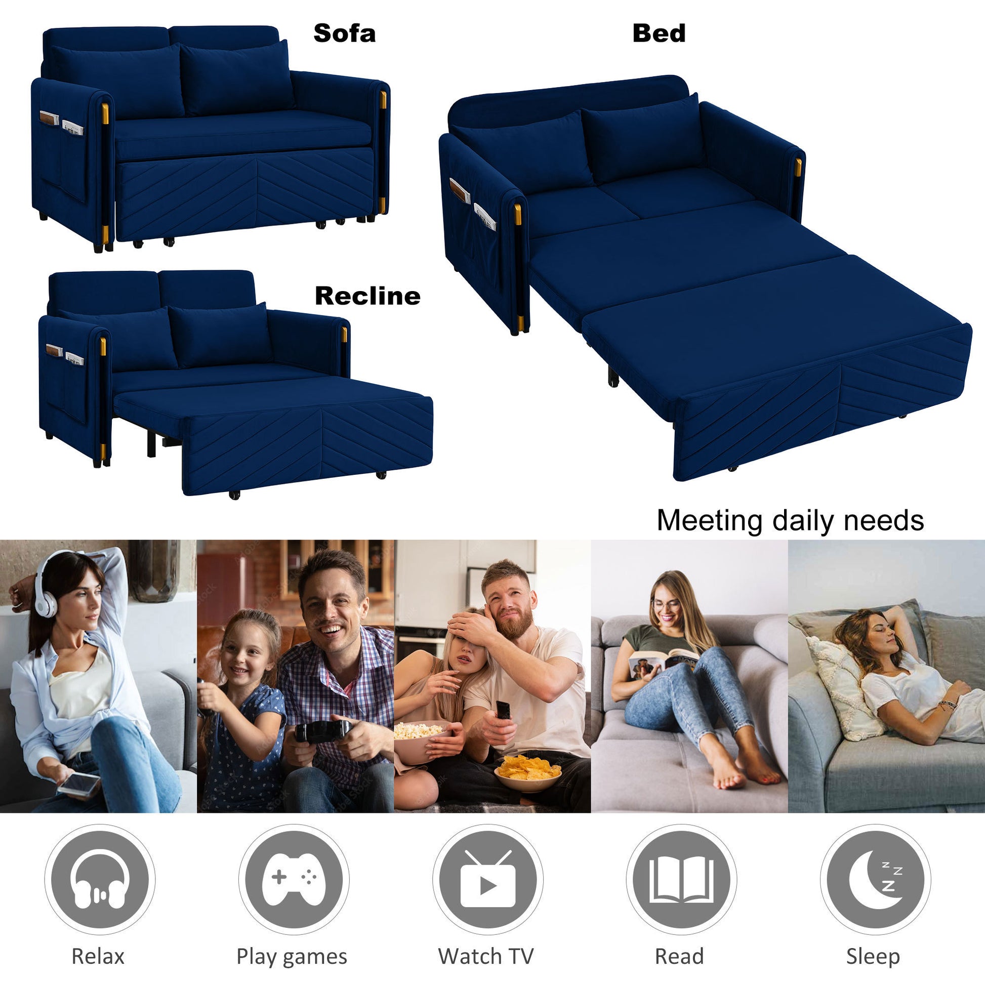 Mh 54" Modern Convertible Sofa Bed With 2 Detachable Arm Pockets, Velvet Loveseat Multi Position Adjustable Sofa With Pull Out Bed With Bedhead, 2 Pillows And Living Room, Blue Blue Polyester Velvet