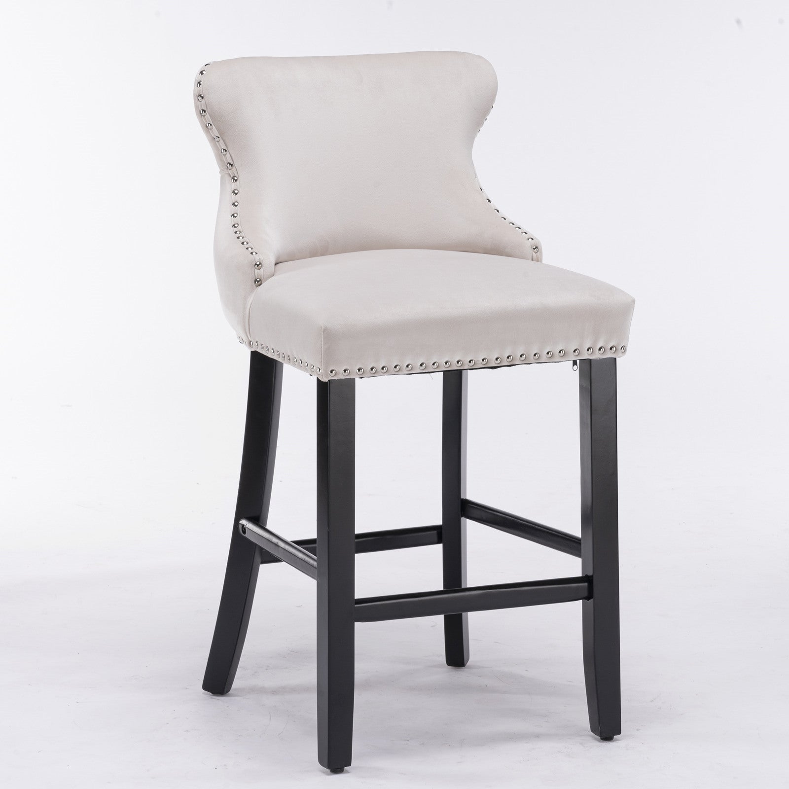 Contemporary Velvet Upholstered Wing Back Barstools With Button Tufted Decoration And Wooden Legs, And Chrome Trim, Leisure Style Bar Chairs,Bar Stools, Set Of 2 Beige ,Sw1824B Beige Foam Velvet