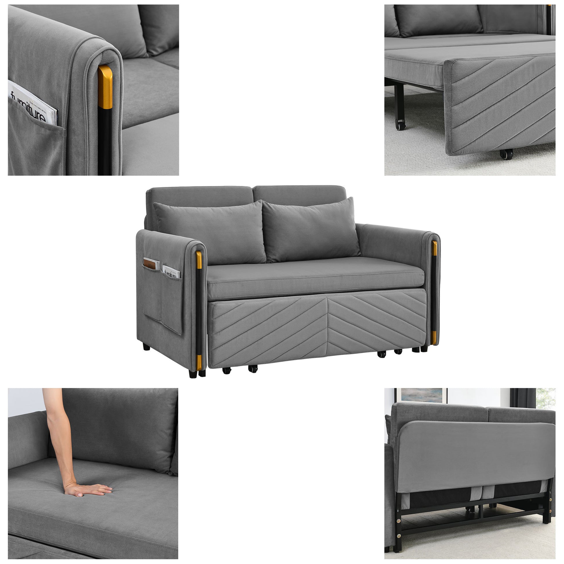 Mh 54" Modern Convertible Sofa Bed With 2 Detachable Arm Pockets, Velvet Loveseat Multi Position Adjustable Sofa With Pull Out Bed With Bedhead, 2 Pillows And Living Room, Grey Grey Polyester Velvet