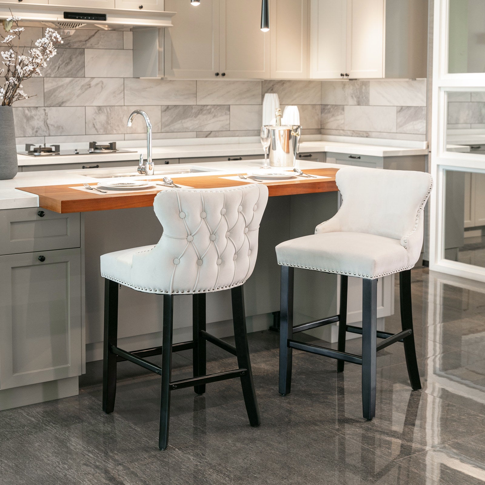 Contemporary Velvet Upholstered Wing Back Barstools With Button Tufted Decoration And Wooden Legs, And Chrome Trim, Leisure Style Bar Chairs,Bar Stools, Set Of 2 Beige ,Sw1824B Beige Foam Velvet