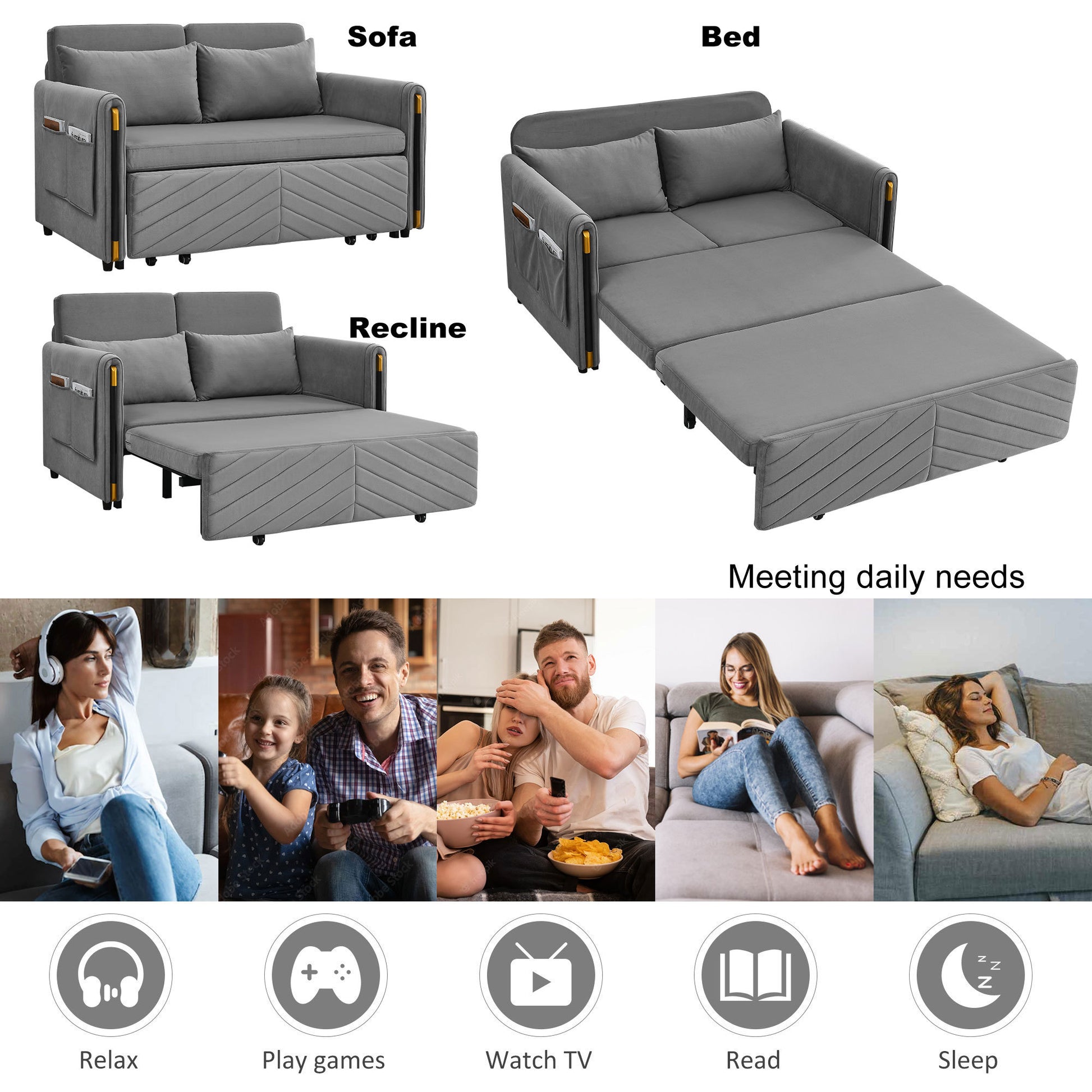 Mh 54" Modern Convertible Sofa Bed With 2 Detachable Arm Pockets, Velvet Loveseat Multi Position Adjustable Sofa With Pull Out Bed With Bedhead, 2 Pillows And Living Room, Grey Grey Polyester Velvet