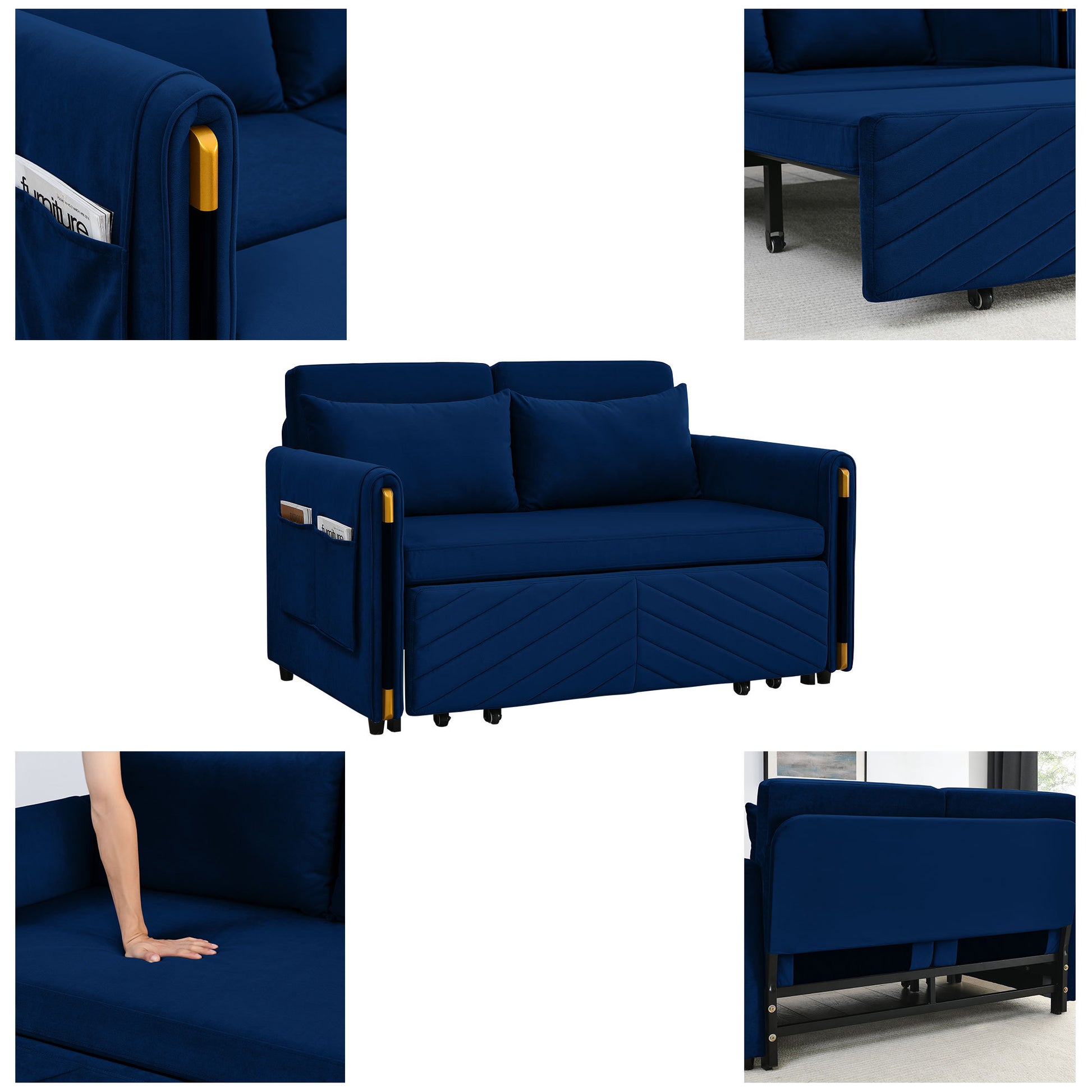 Mh 54" Modern Convertible Sofa Bed With 2 Detachable Arm Pockets, Velvet Loveseat Multi Position Adjustable Sofa With Pull Out Bed With Bedhead, 2 Pillows And Living Room, Blue Blue Polyester Velvet