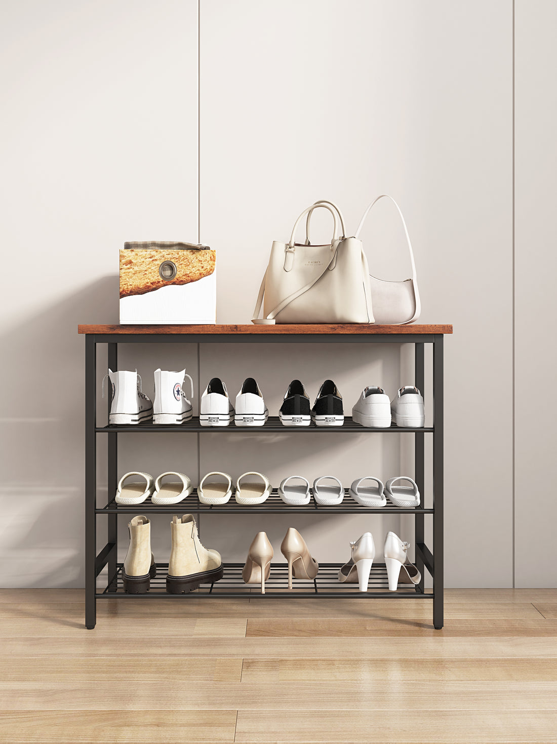 Dn 4 Tier Metal Shoe Rack, Modern Multifunctional Shoe Storage Shelf With Mdf Top Board, 1 Pc Per Carton Tiger Mdf