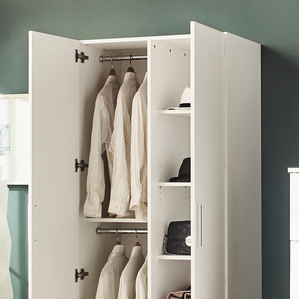 Viviane Contemporary Wood Closet With Hanging Bars And Five Shelves In White White Solid Wood