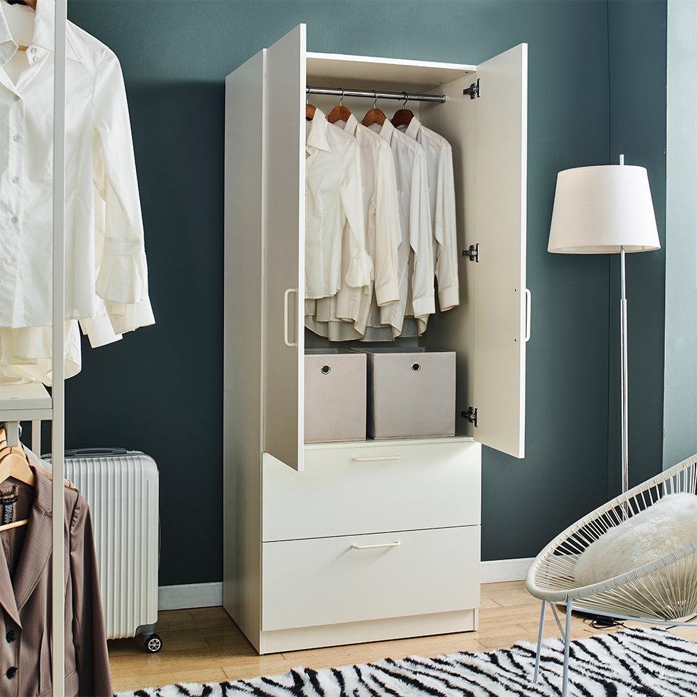 Emma Two Door Wood Closet With Two Drawers And Hanging Bars In White White Solid Wood