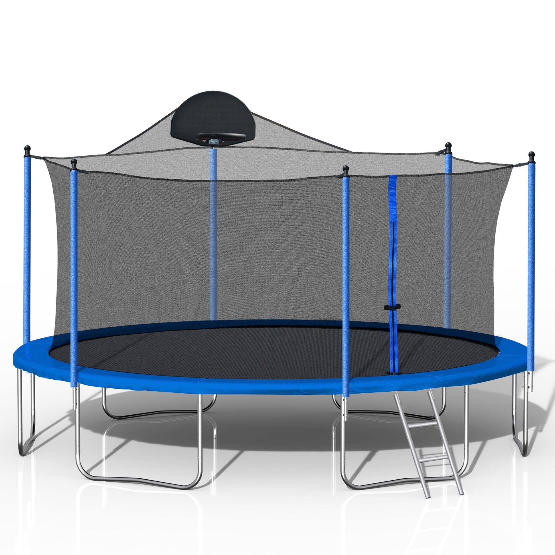 14Ft Trampoline For Adults & Kids With Basketball Hoop, Outdoor Trampolines W Ladder And Safety Enclosure Net For Kids And Adults,Double Side Color Cover Blue Metal