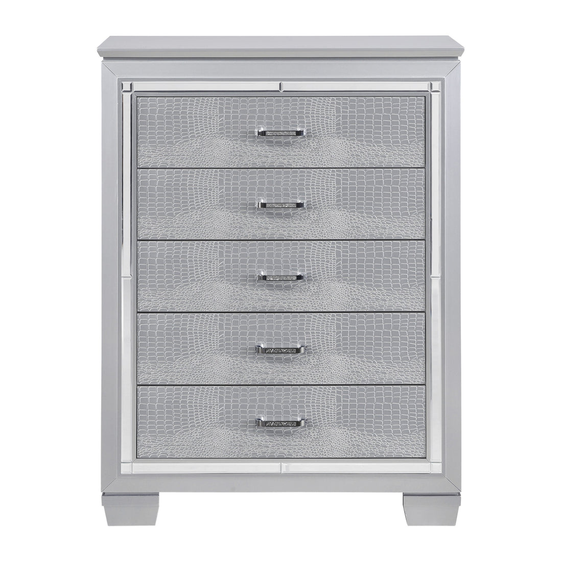 Glamourous Silver Finish 1Pc Chest Of 5X Dovetail Drawers Faux Alligator Embossed Fronts Bedroom Furniture Silver Bedroom Glam,Modern Wood