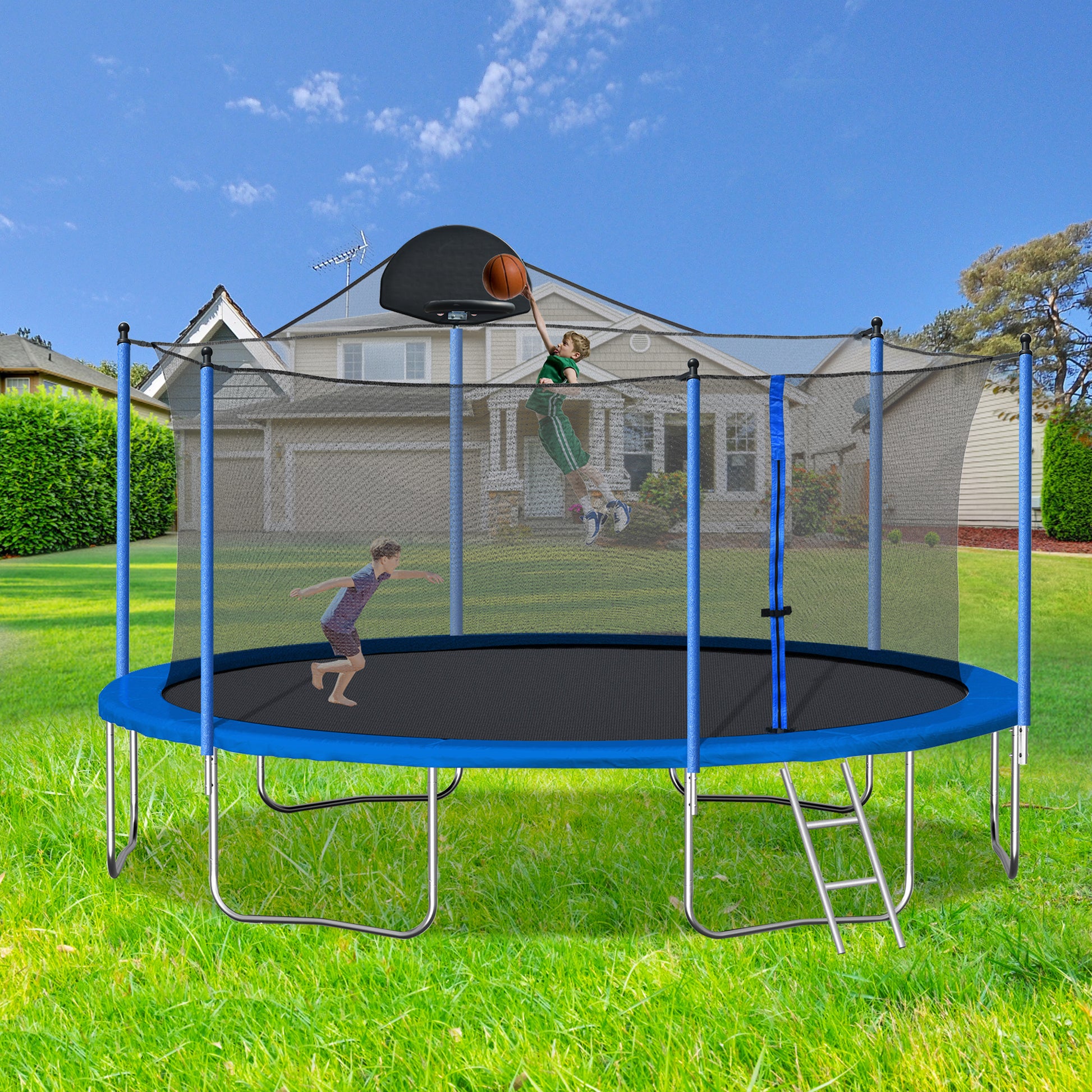 14Ft Trampoline For Adults & Kids With Basketball Hoop, Outdoor Trampolines W Ladder And Safety Enclosure Net For Kids And Adults,Double Side Color Cover Blue Metal