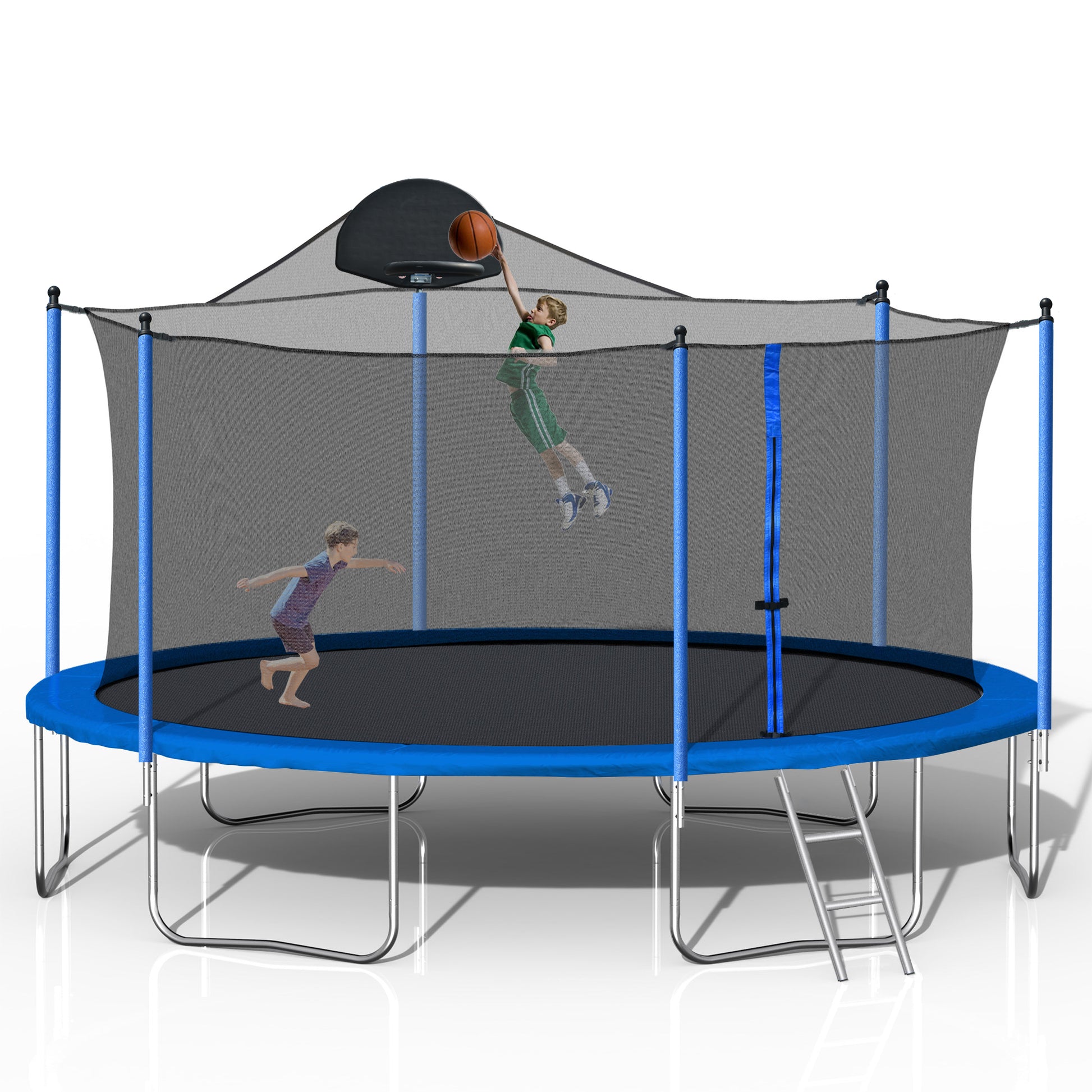 14Ft Trampoline For Adults & Kids With Basketball Hoop, Outdoor Trampolines W Ladder And Safety Enclosure Net For Kids And Adults,Double Side Color Cover Blue Metal