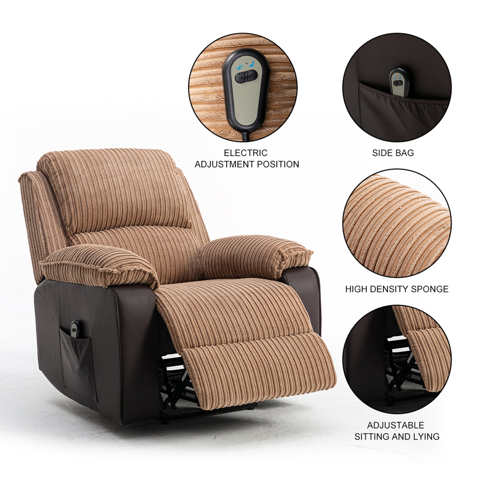 Brown Fabric Recliner Chair Theater Single Recliner Thick Seat And Backrest, Suitable For Living Room, Side Bags Electric Sofa Chair, Electric Remote Control.The Angle Can Adjust Freely Brown Fabric